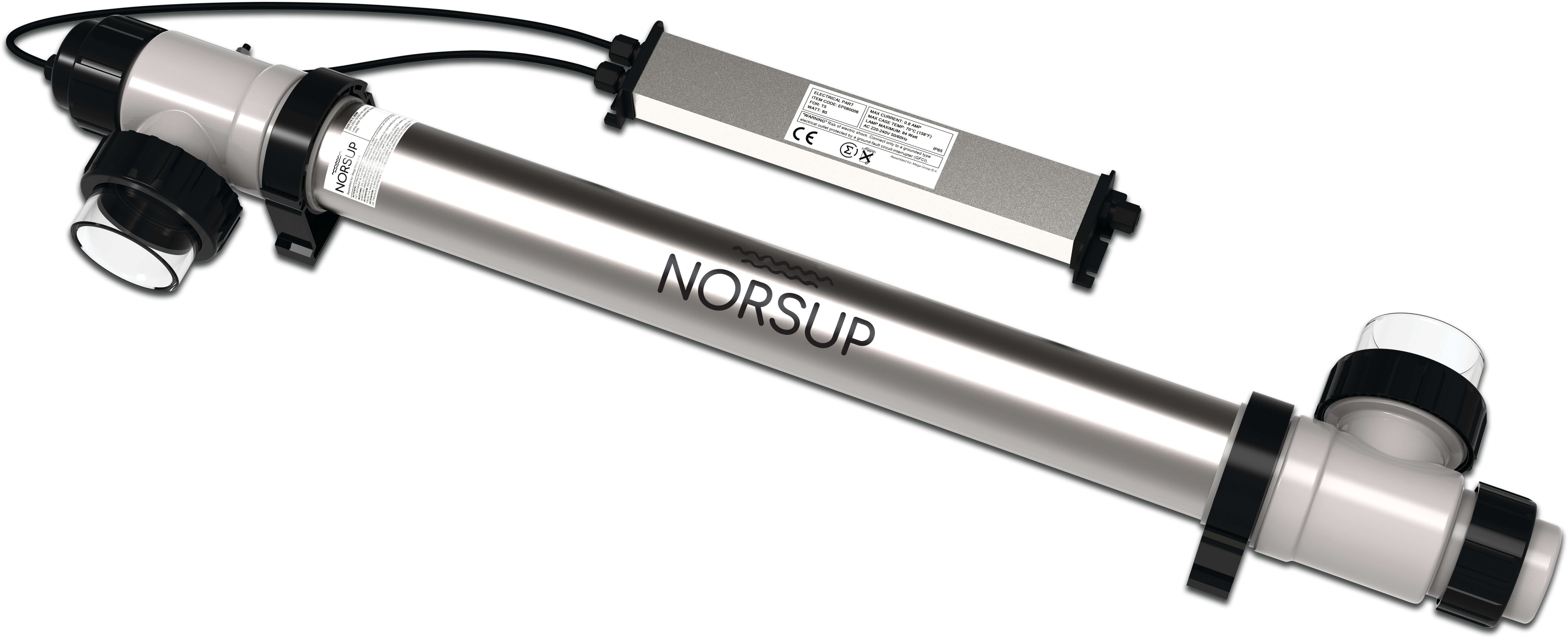 Norsup UV-C disinfection unit stainless steel 316L 50/63 mm x 1 1/2" glue socket/glue spigot x female thread 2bar type Supernova 130W