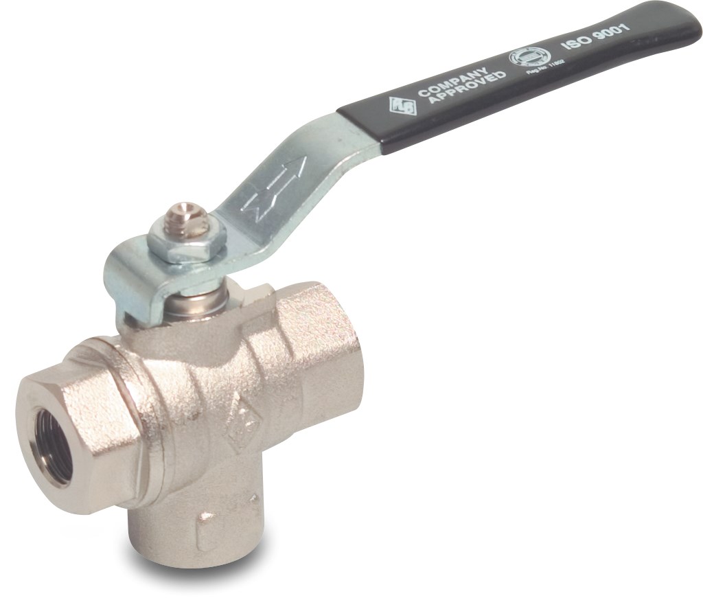 3-way ball valve L-bore under brass nickel plated 1/4" female thread 25bar bottom connection