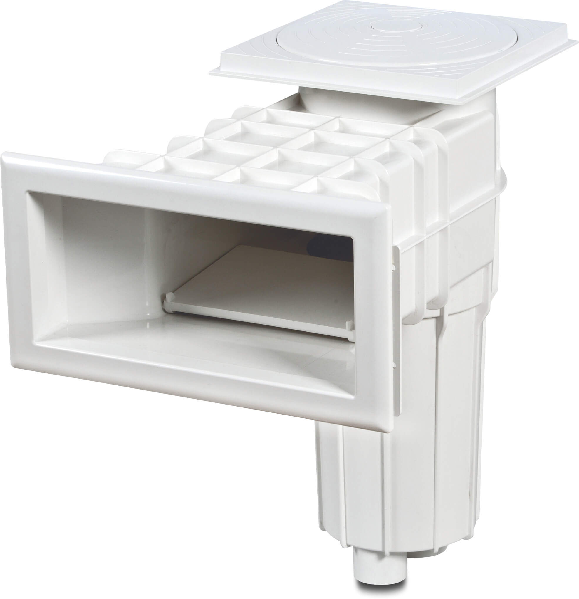 Skimmer breed ABS 50/63 mm lijmmof wit rechthoekig type met messing M6 draad