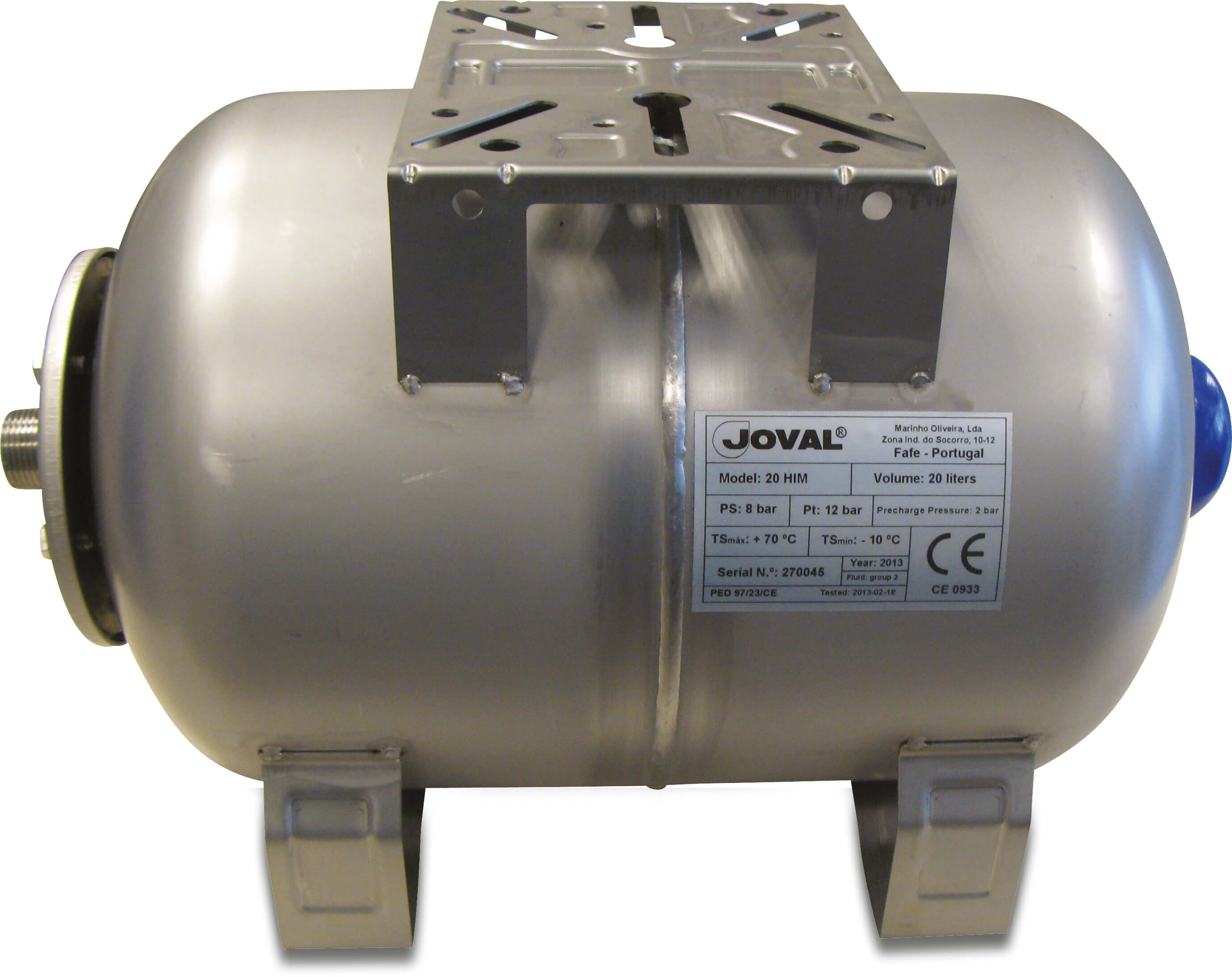 Pressure tank stainless steel 304 1" male thread 8bar 20ltr type horizontal