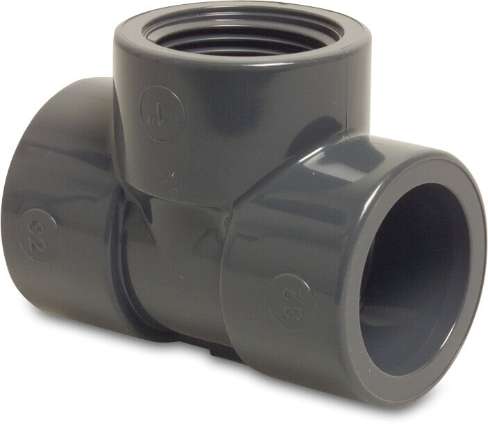 Profec T-Stück 90° PVC-U 32 mm x 1/2" x 32 mm Klebemuffe x Innengewinde x Klebemuffe 10bar Grau