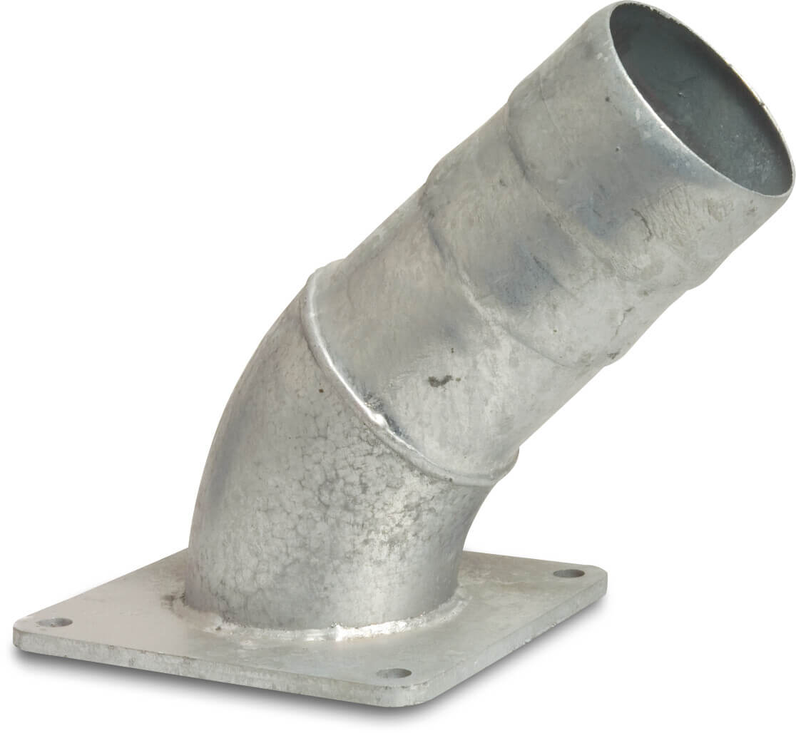 Bend 45° steel galvanised 6" x 150 mm square flange x hose tail