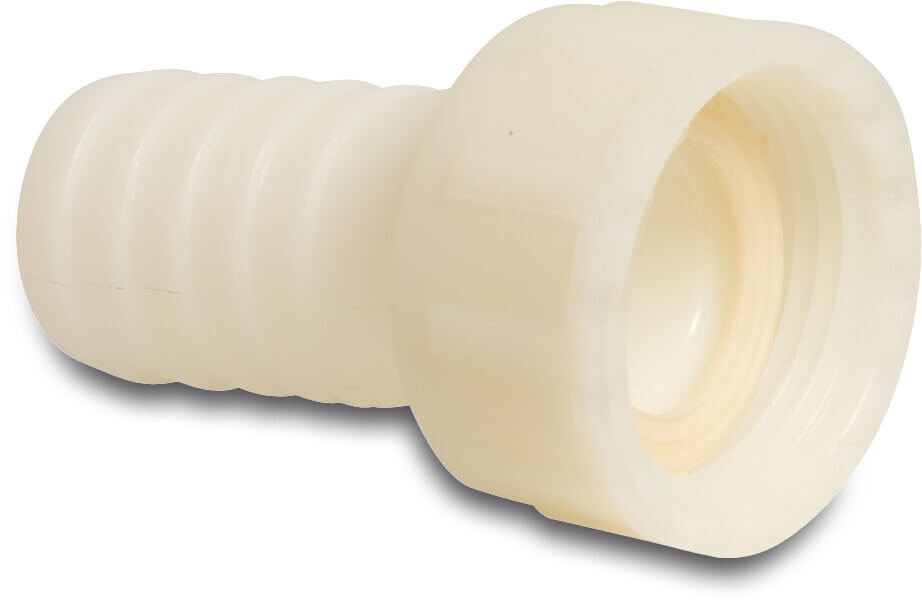 Hose tail 2/3 union adaptor PA (nylon) 3/4" x 16 mm female threaded nut x hose tail 16bar white