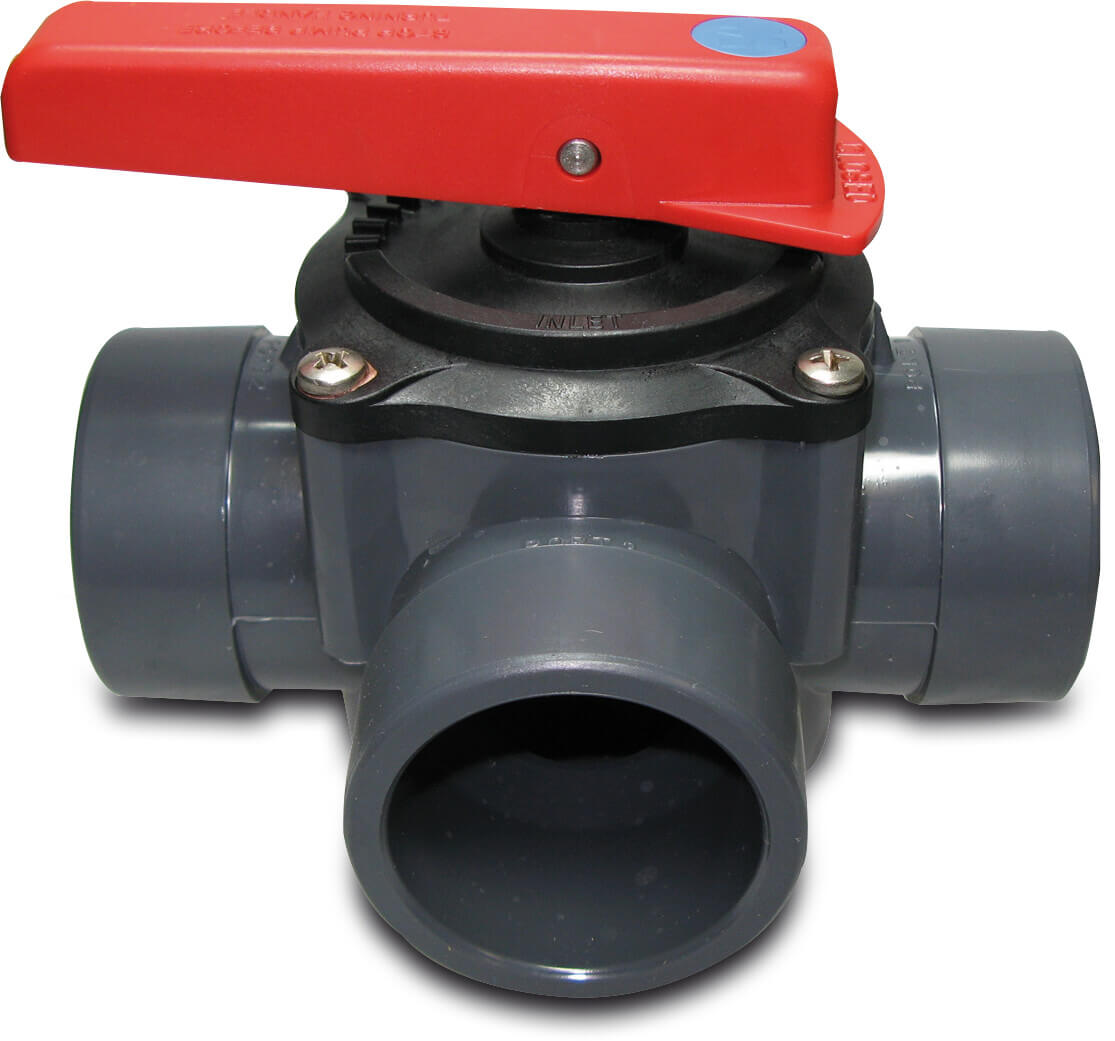 Profec 3-Wege-Zylinderhahn PVC-U 50/63 mm Klebemuffe/Klebestutzen 6bar Grau