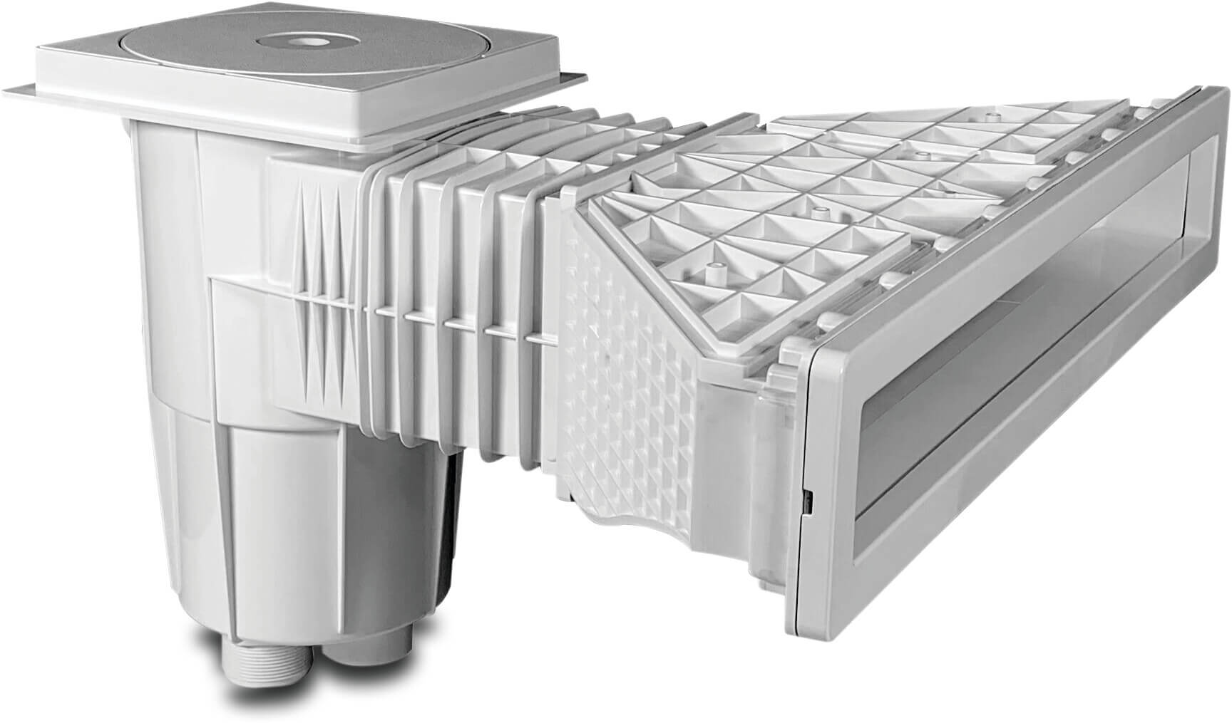 Flotide Skimmer ABS 1 1/2" x M6 invändig gänga vit rektangulär type High Waterline betong pooler