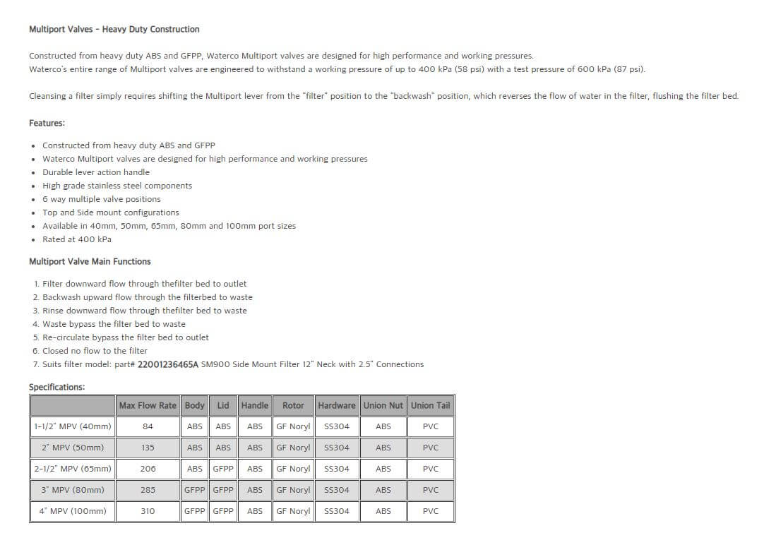 Waterco Zawór wieloportowy publiczny 2 1/2"/75mm 4bar do bocznie montowanego filtra typ zawór 6-funkcyjny