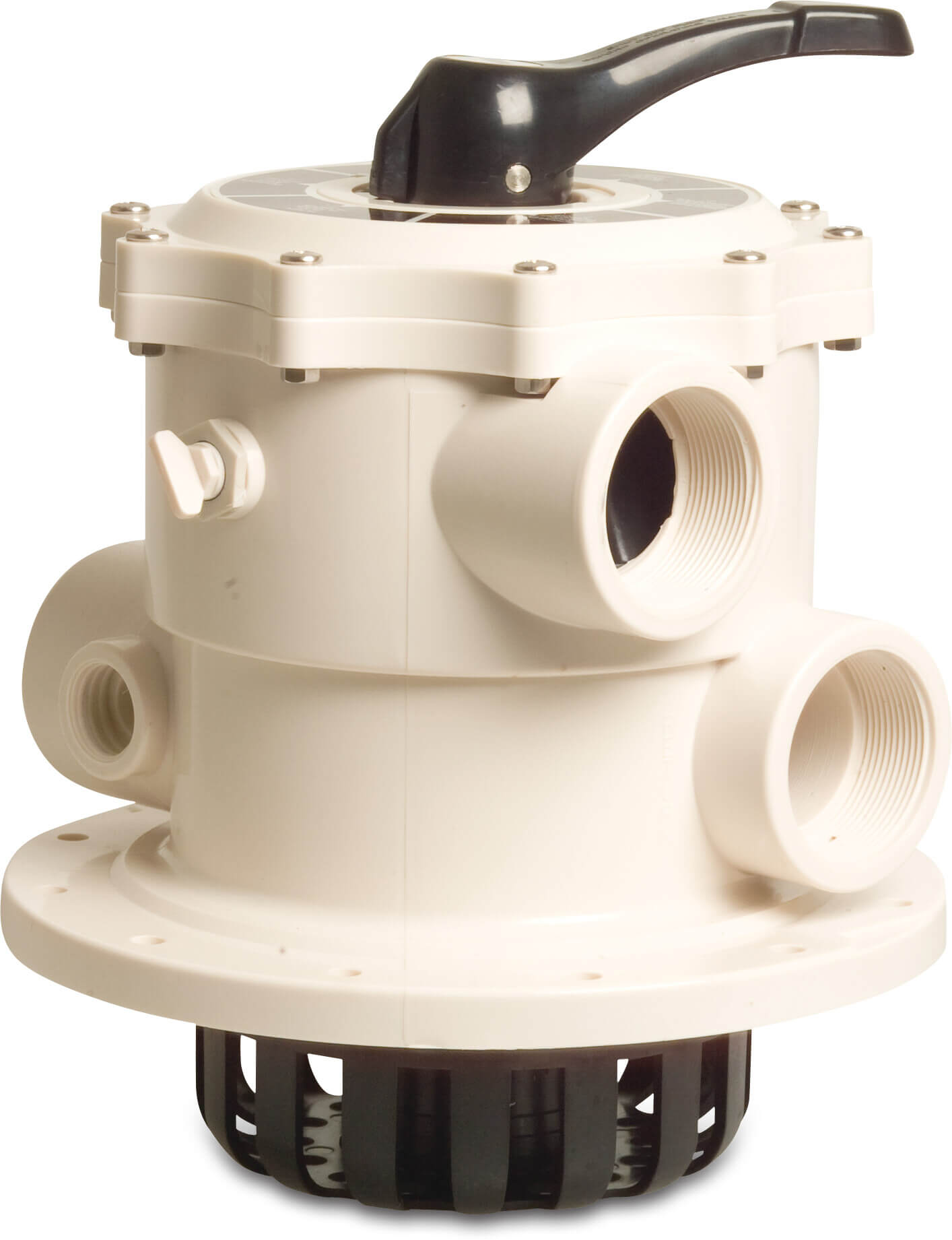 Praher Multiport ventil 1 1/2" indvendig gevind hvid til topmonteret filter type 6-way bolt valve, PCD 203mm