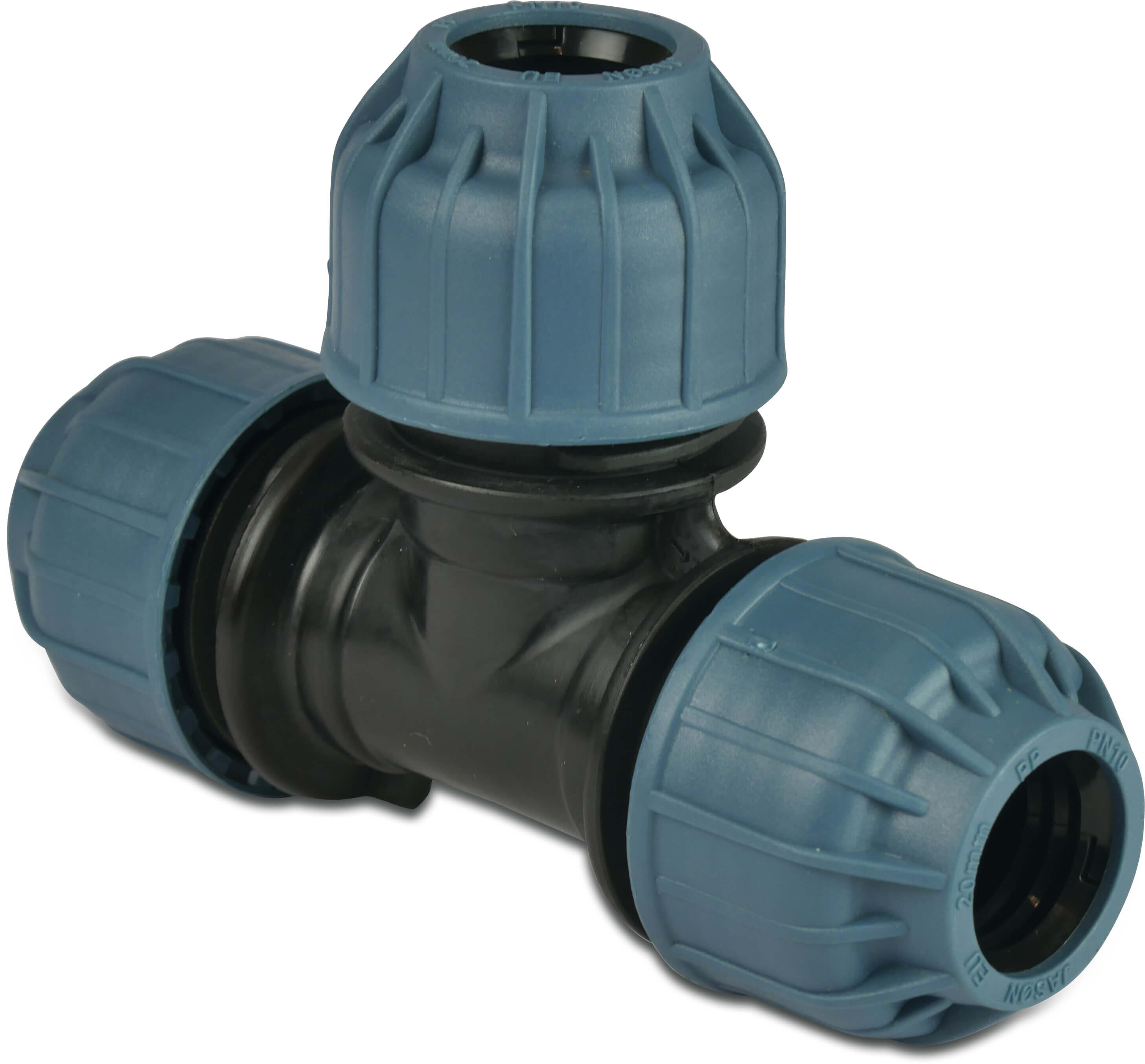 Jason T-stuk 90° PP 20 mm knel 10bar zwart/blauw