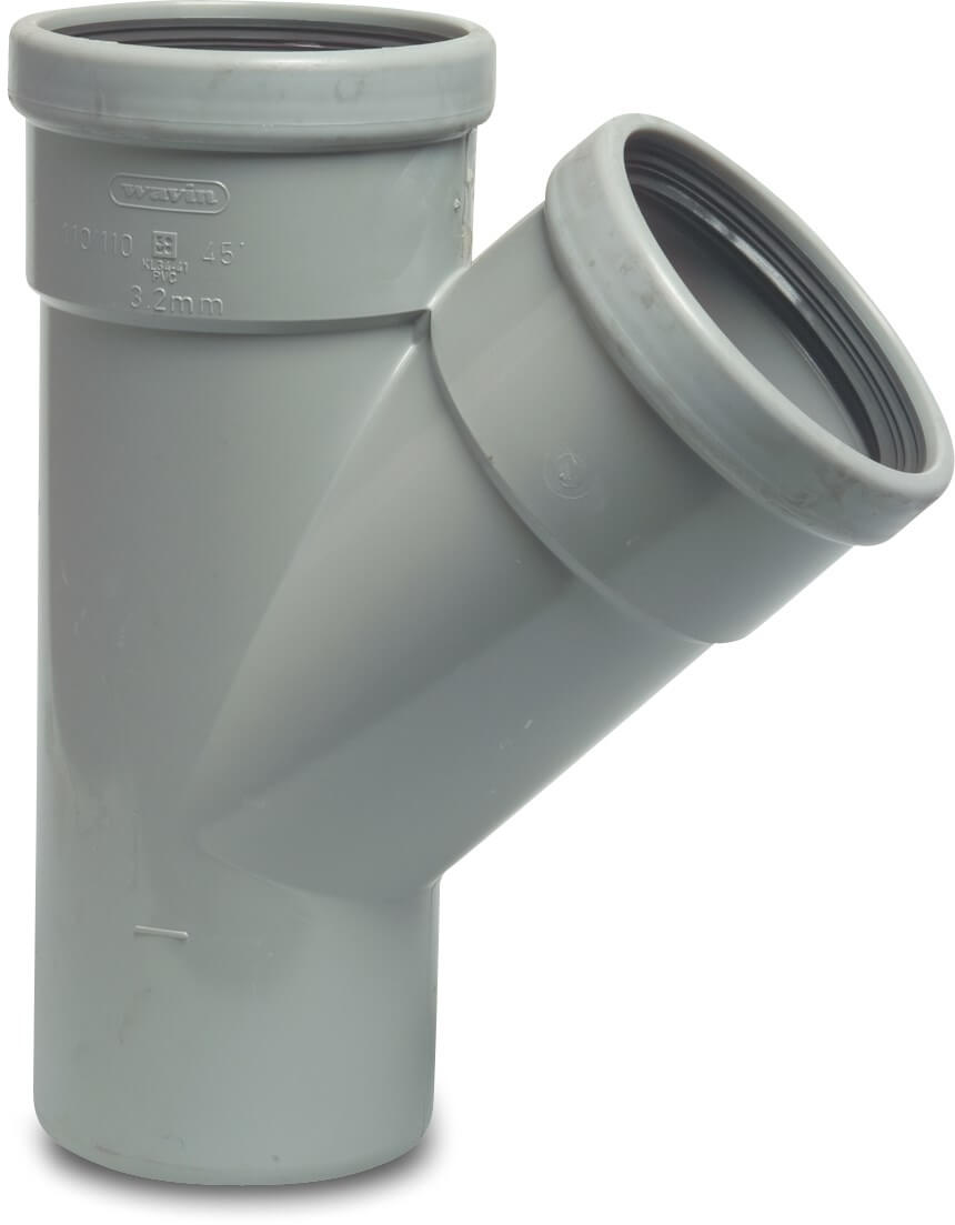 Drainage T-piece 45° PVC-U 110 mm SN4 ring seal x ring seal x spigot grey KOMO/BENOR