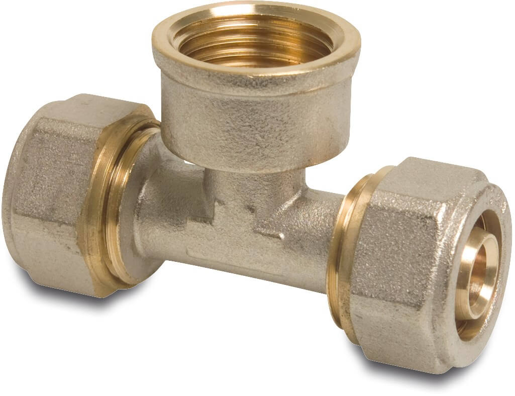 Adaptor T-piece 90° brass nickel plated 16 mm x 1/2" x 16 mm compression x female thread x compression DVGW type Alu-PE-X