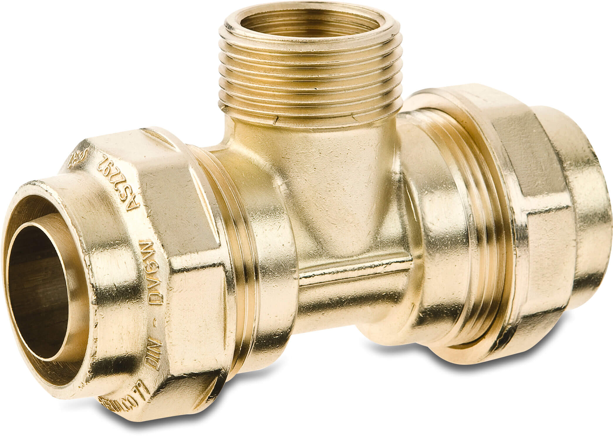 Beulco T-Stück 90° Messing 40 mm x 1 1/4" x 40 mm Klemm x Außengewinde x Klemm SDR9 10bar KIWA Typ 77180