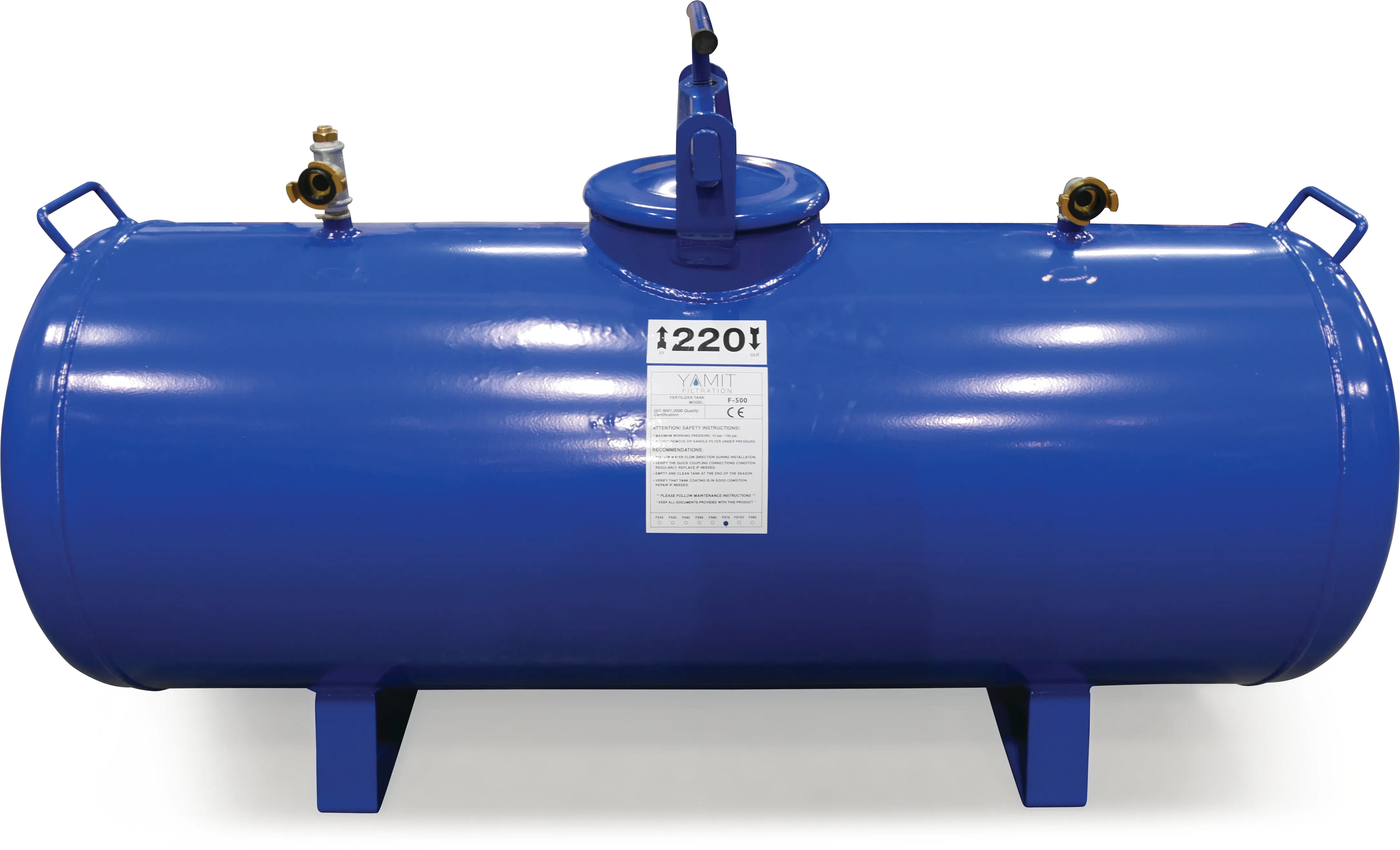 Yamit Düngertank Stahl pulverbeschichtet 25" x 13 mm Schlauchtülle 8bar Blau 220ltr Typ F570H Horizontal
