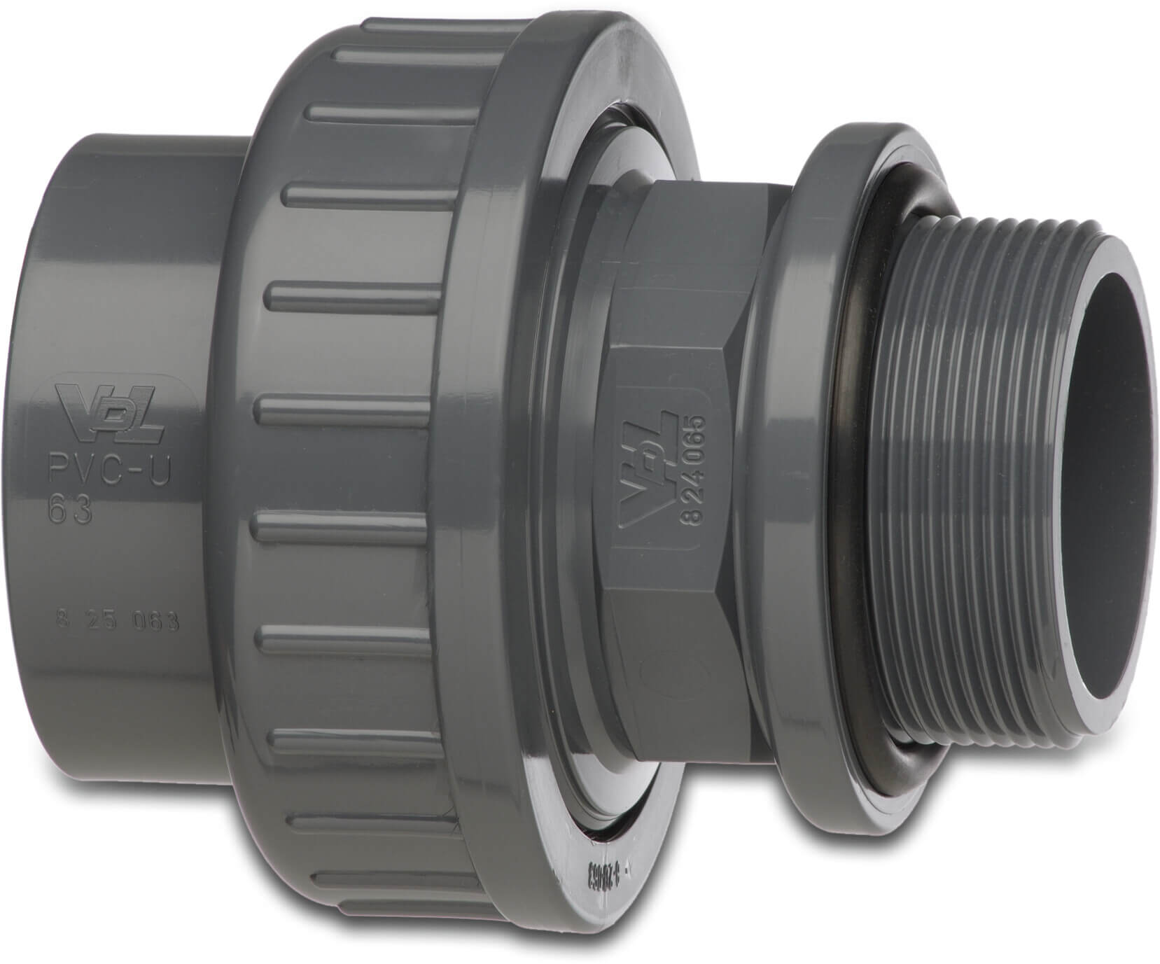 VDL Unionskoppling med O-ring PVC-U 20 mm x 1/2" limsockel x utvändig gänga 10bar grå