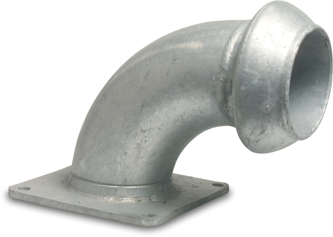 Bocht 90° staal gegalvaniseerd 108 mm x 4" V-deel Perrot x vierkantflens type Perrot