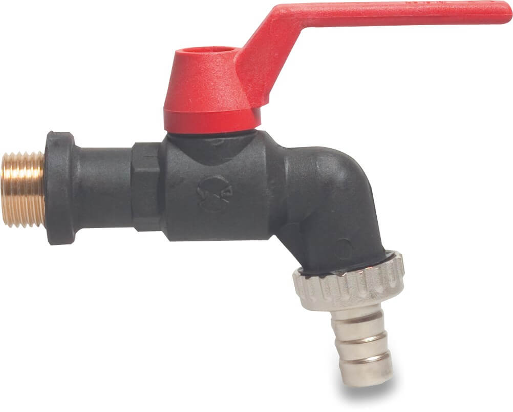 VIR Bibcock ball valve PP 3/8" x 10 mm male thread x hose tail 16bar DN10 black type 210