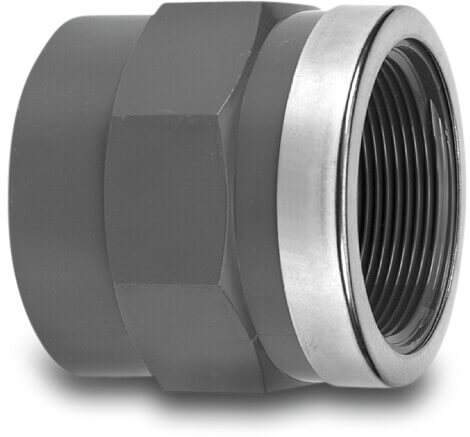 VDL Adaptor socket PVC-U 75 mm x 1 1/2" glue socket x female thread 16bar grey with stainless steel ring type reinforced