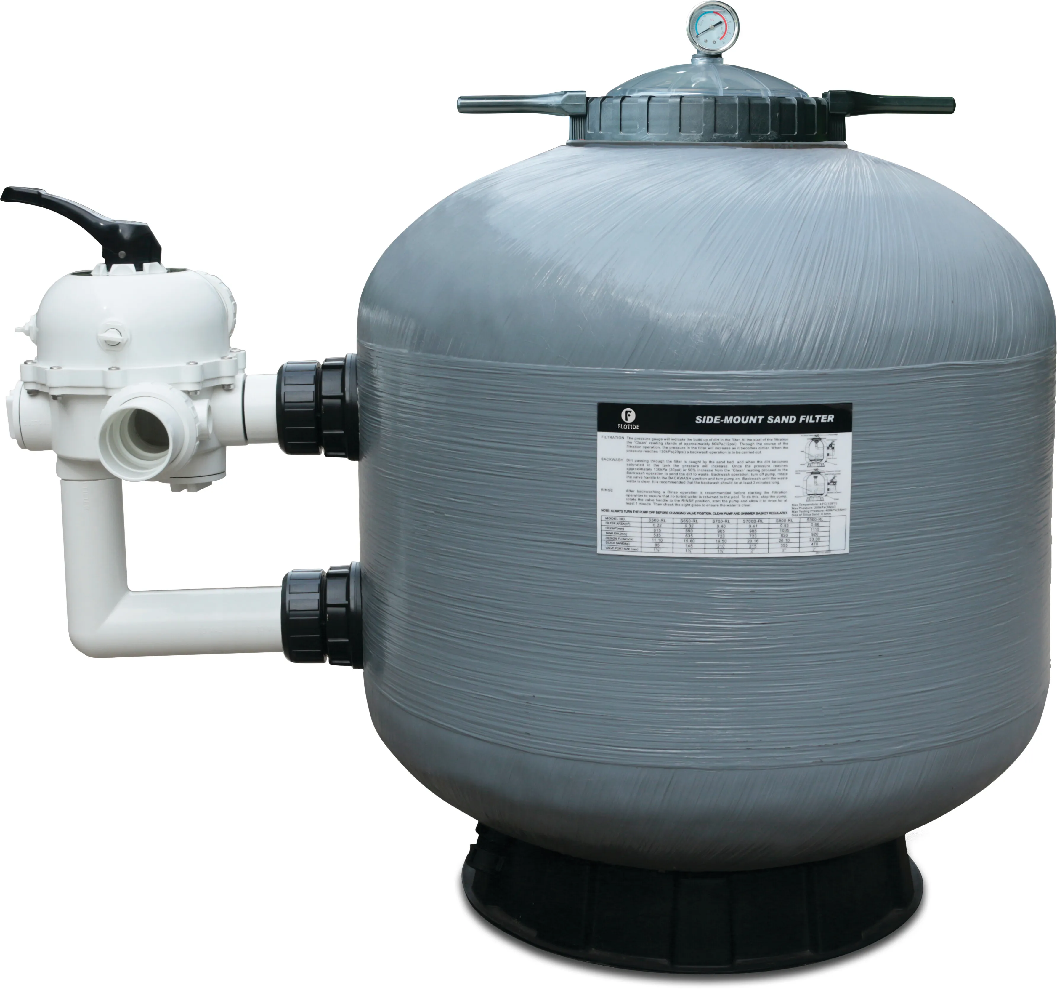 Flotide Sandfilter PE/glasfiberforstærket polyester 50 mm / 1 1/2" metrisk/imperial limmuffe 2,5bar grå type S450R
