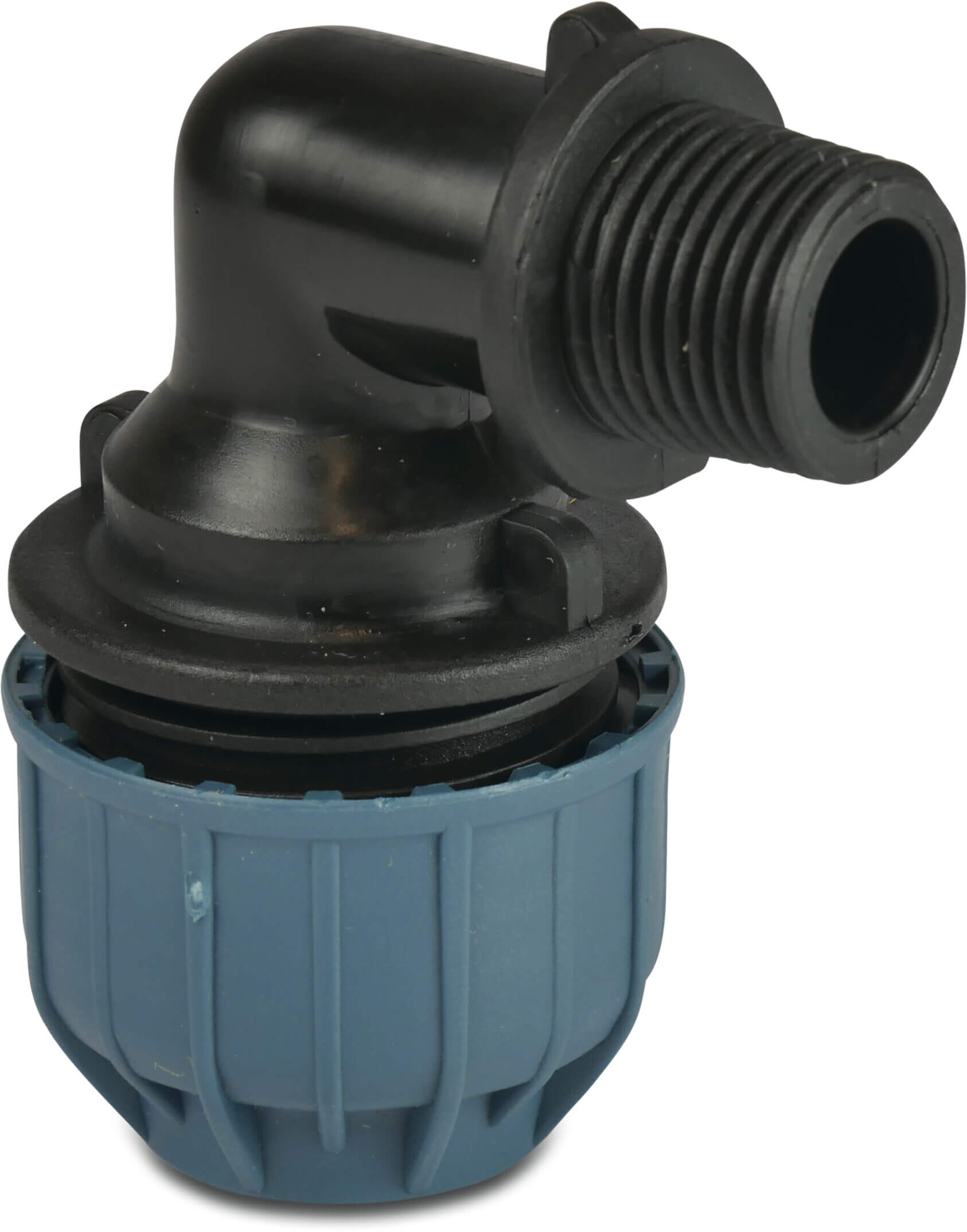 Jason Böj 90° PP 20 mm x 1/2" spänn x utvändig gänga 10bar svart/blå