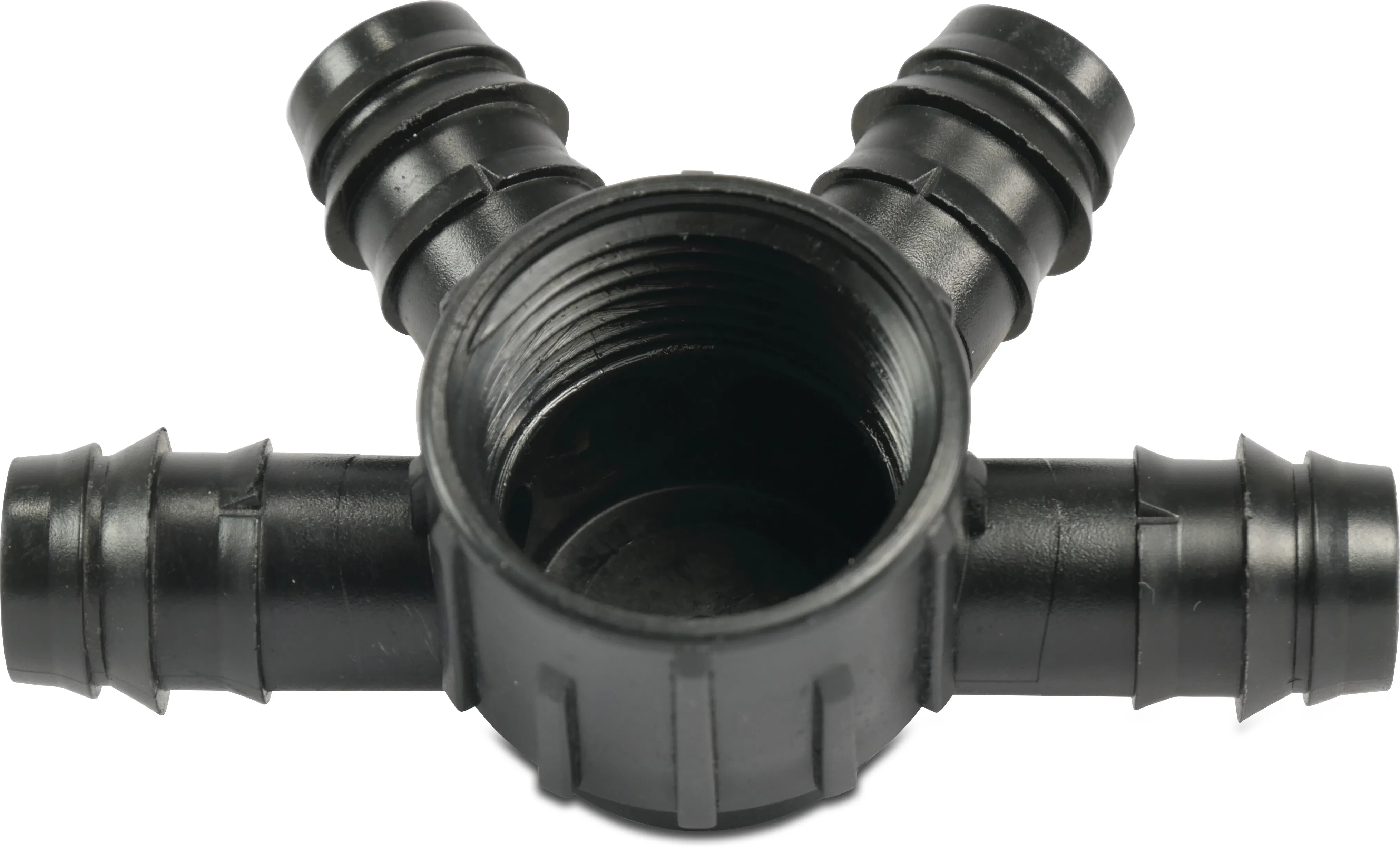 4-weg verdeler POM 16 mm x 1" barbed x binnendraad 4bar zwart