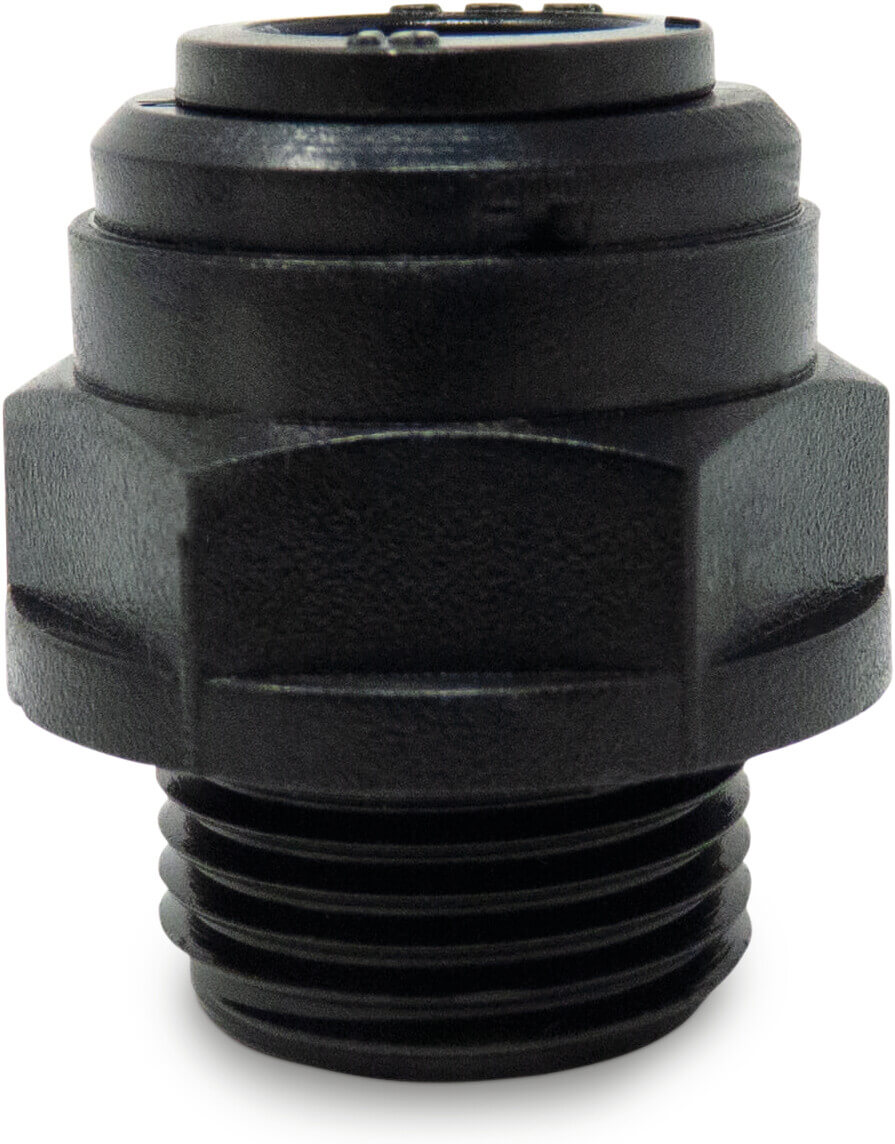 Adaptor bush short POM 15 mm x 1/2" push-in x male thread 14bar black WRAS type Aquaspeed