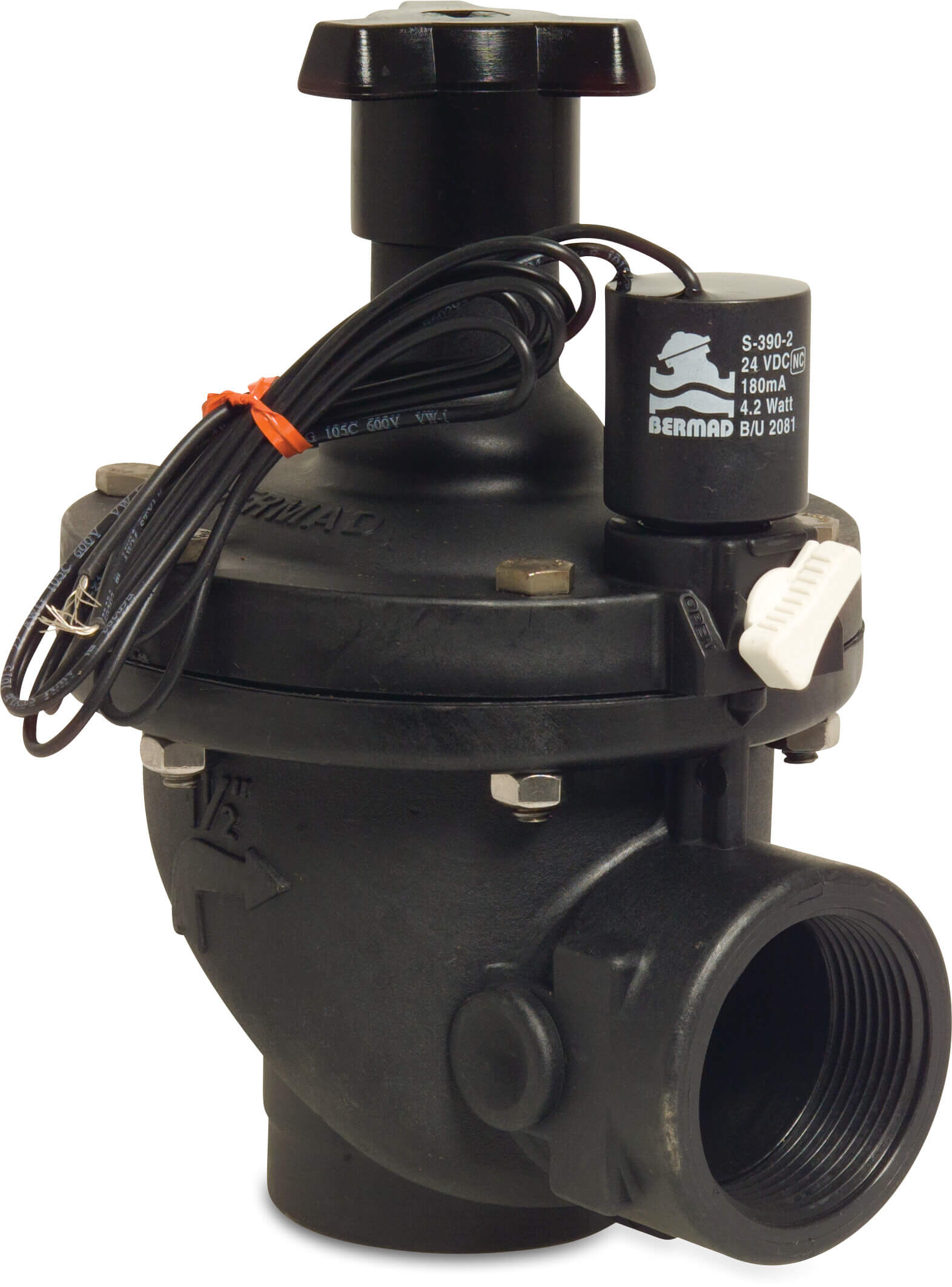 Bermad Solenoid valve fibreglass reinforced nylon 1 1/2" female thread 10bar 24VDC black type D151 angle