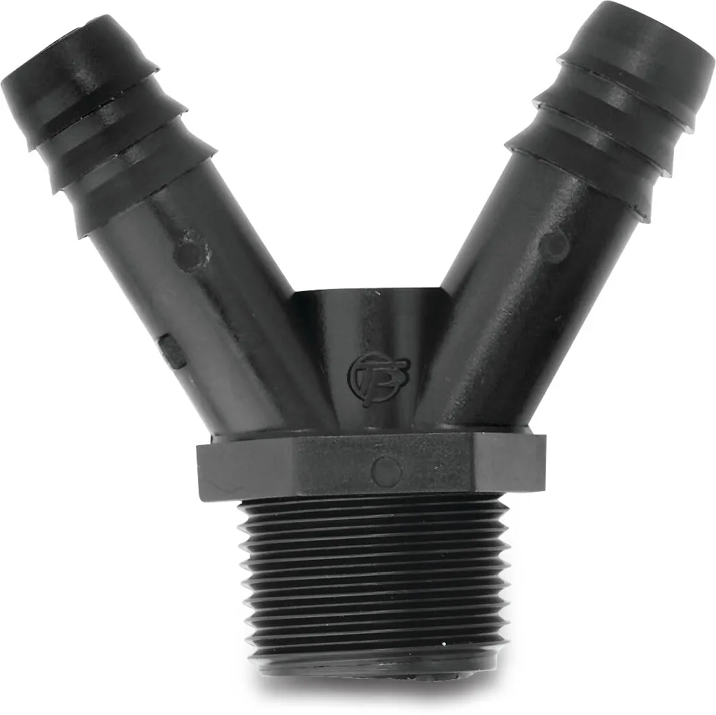 Tavlit Y-koppling PP 20 mm x 3/4" x 20 mm hulling x utvändig gänga x hulling 8bar