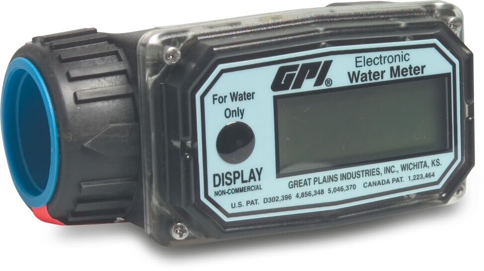Elektronisk flowmåler nylon 1" indvendig gevind 10,3bar sort 01N31LM type GPI-W til vand