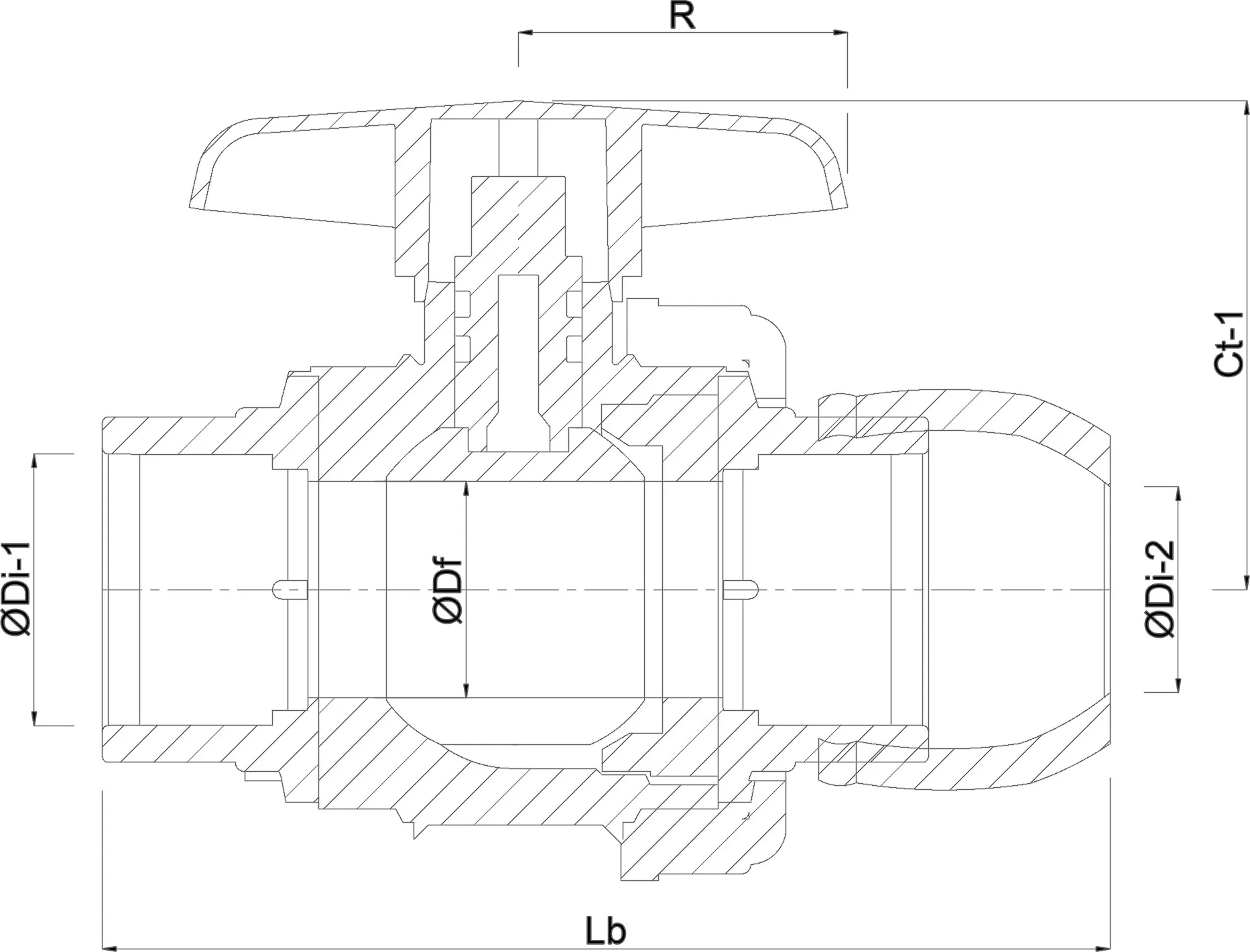 Profec Ball valve PP 32 mm x 1" compression x female thread 10bar black type Safe 501