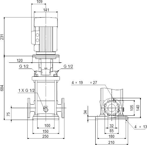 Grundfos Meertraps centrifugaalpomp RVS DN35 DIN flens 1,9A 400VAC type CRI 1S-25 A FGJ I V HQQV