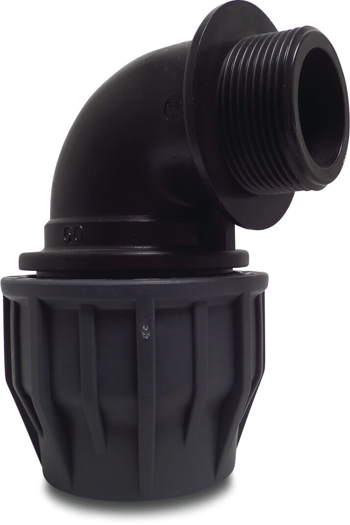 Jasonflex Winkel 90° PP 50 mm x 1 1/2" Klemm x Außengewinde 16bar Grau/Schwarz