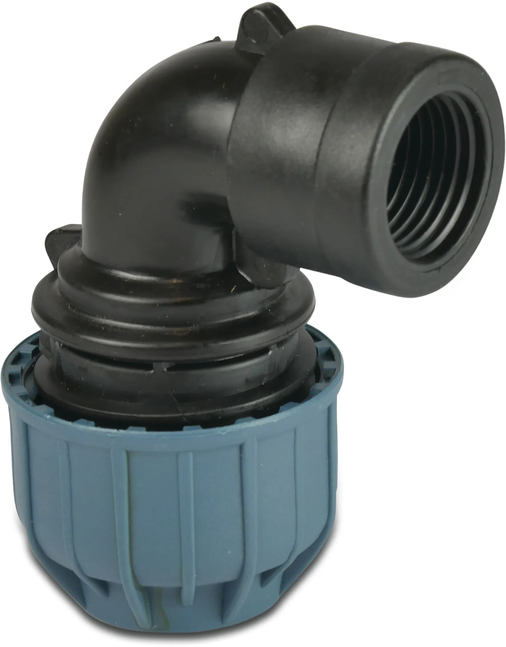 Jason Elbow 90° PP 50 mm x 1 1/2" compression x female thread 10bar black/blue