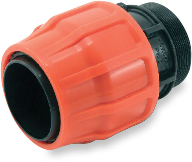 Adaptateur PP 102 mm x 4" à serrer x filetage mâle 6bar noir/orange type Layflat