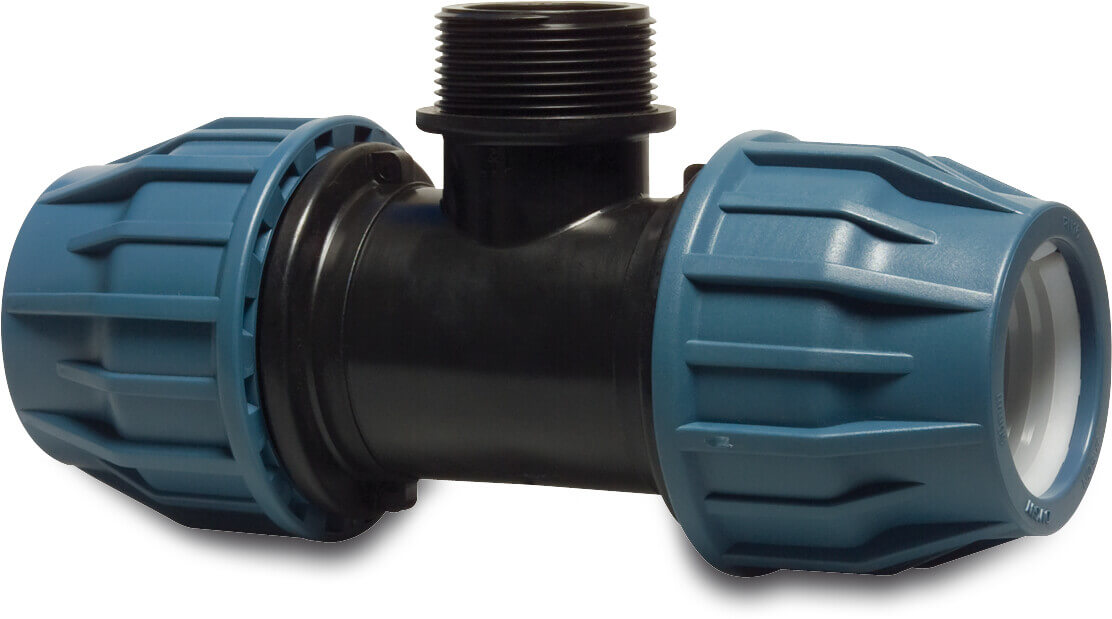 Jason T-piece 90° PP 90 mm x 3" x 90 mm compression x male thread x compression 16bar black/blue DVGW/KIWA/WRAS type EZ