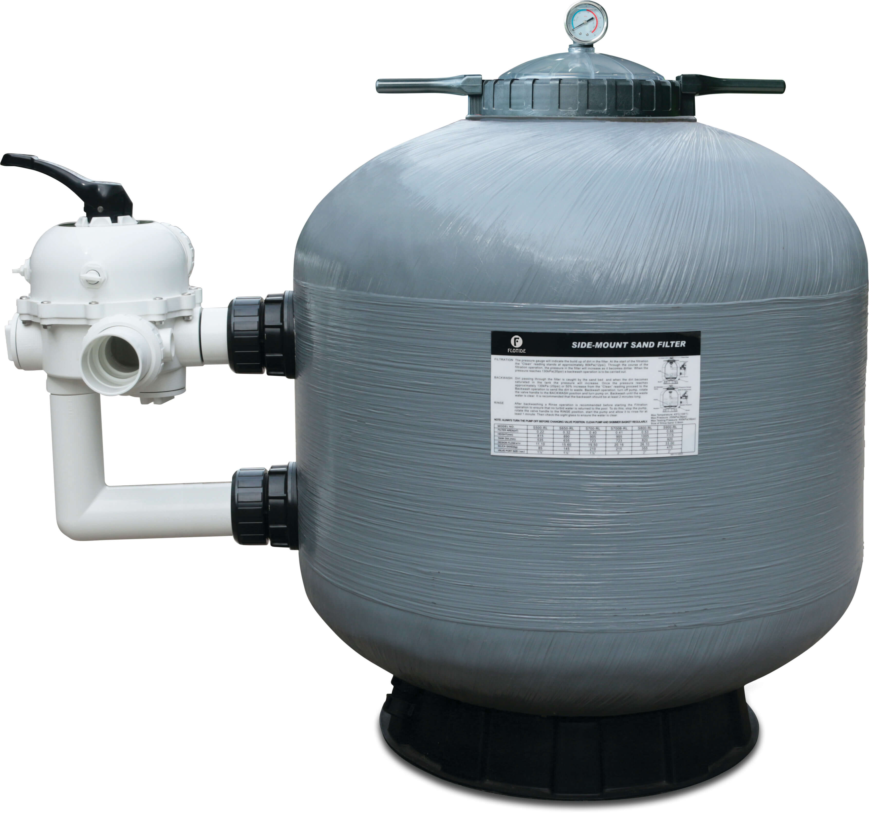 Flotide Sandfilter PE/Polyester glasfaserverstärkt 50 mm / 1 1/2" Metrisch/Imperial Klebemuffe 2,5bar Grau Typ S500R