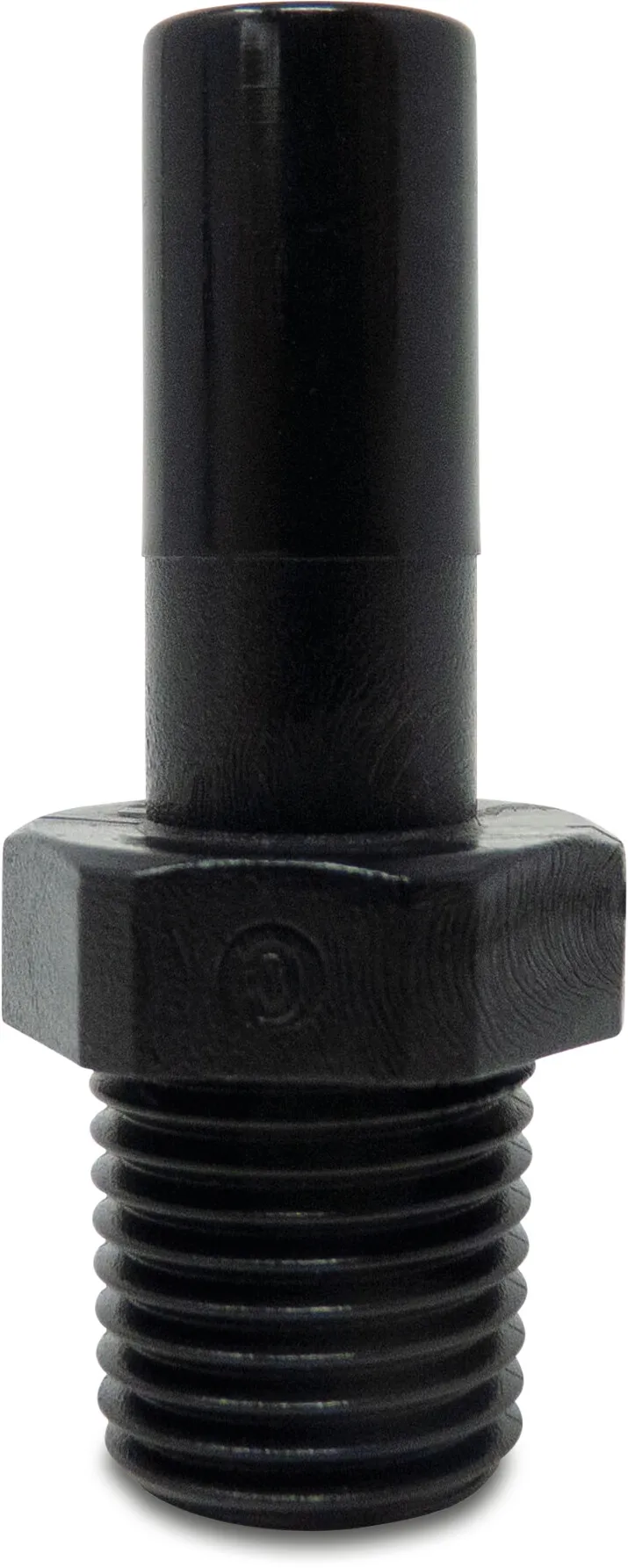 Adaptor nipple POM 10 mm x 1/4" spigot x male thread 16bar black WRAS type Aquaspeed