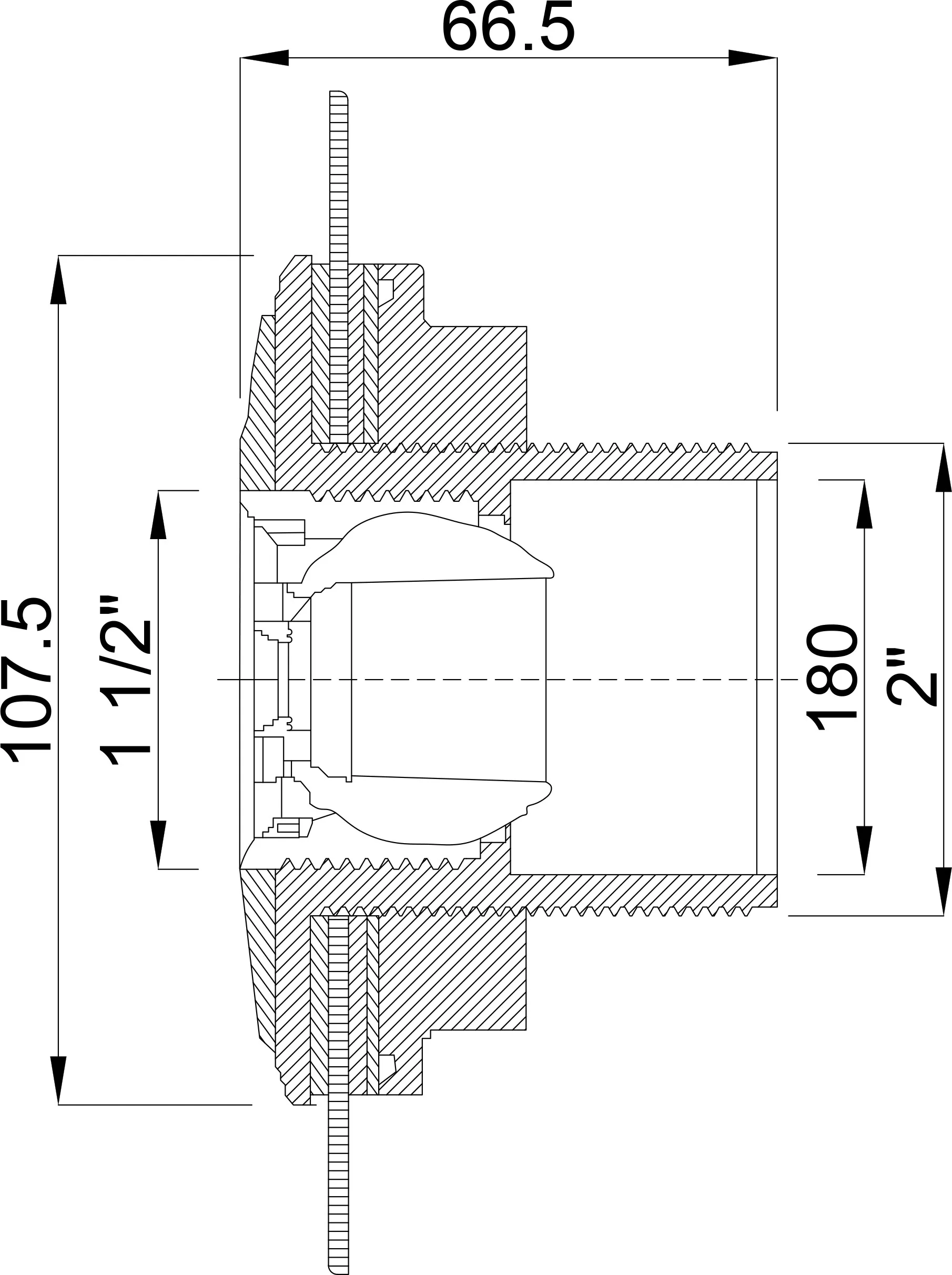 Ocean Inlet fitting ABS 2" x 1 1/2" male thread white stainless steel inserts A4 type Standard with ss M5 thread