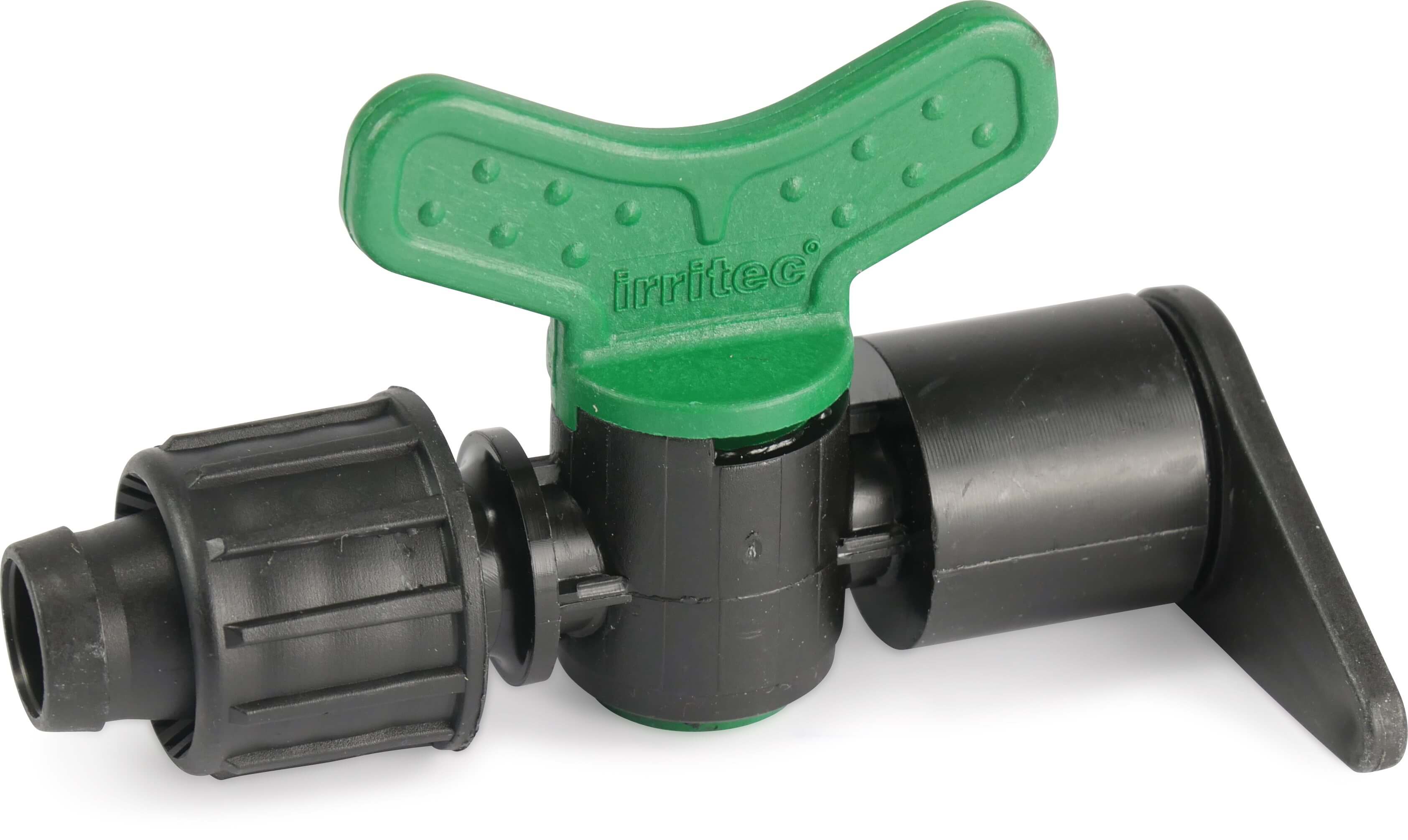 Plug valve PP 17 mm tape x connection flathose black/green