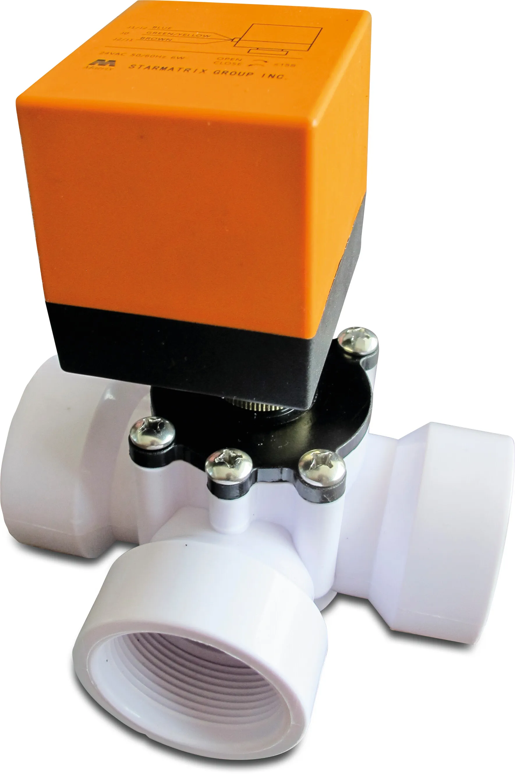 3-weg aansluitkraan, L-boring L-boring PVC-U 1 1/2" binnendraad 1,5bar 24VAC wit type Electronic zijaansluiting