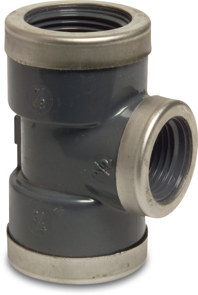 T-stuk 90° PVC-U 3/4" x 1/2" x 3/4" binnendraad 16bar grijs type versterkt P1