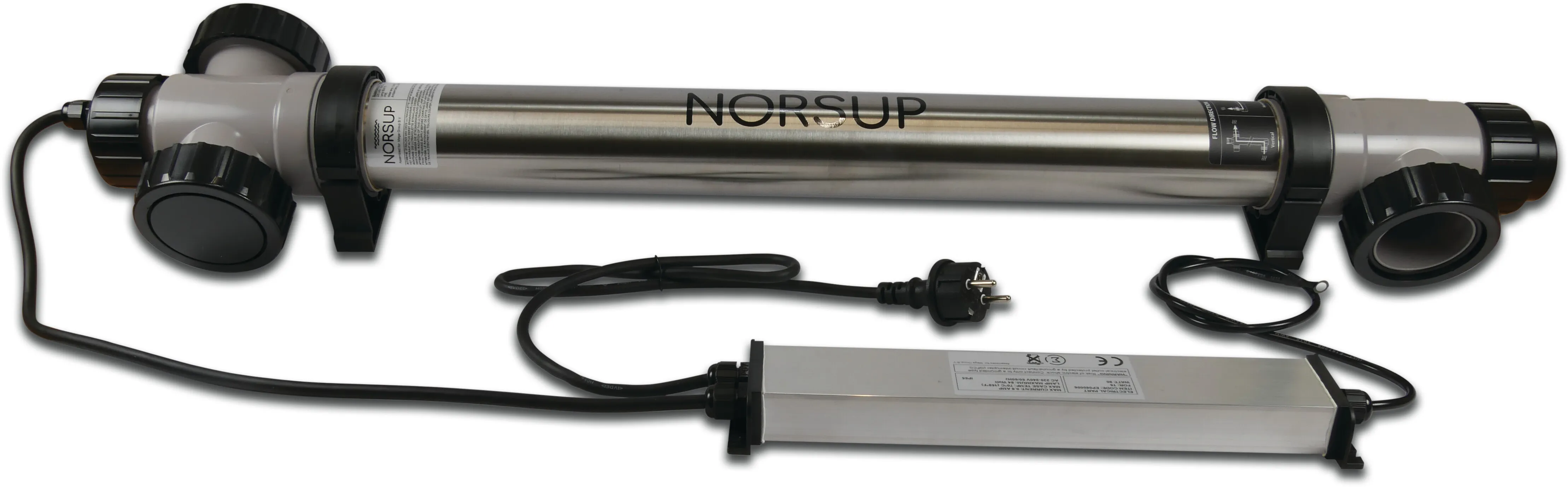 Norsup UV-C desinfektionsenhed rustfri stål 316L 50/63 mm x 1 1/2" limmuffe/limstuds x indvendig gevind 2bar type Supernova 80W