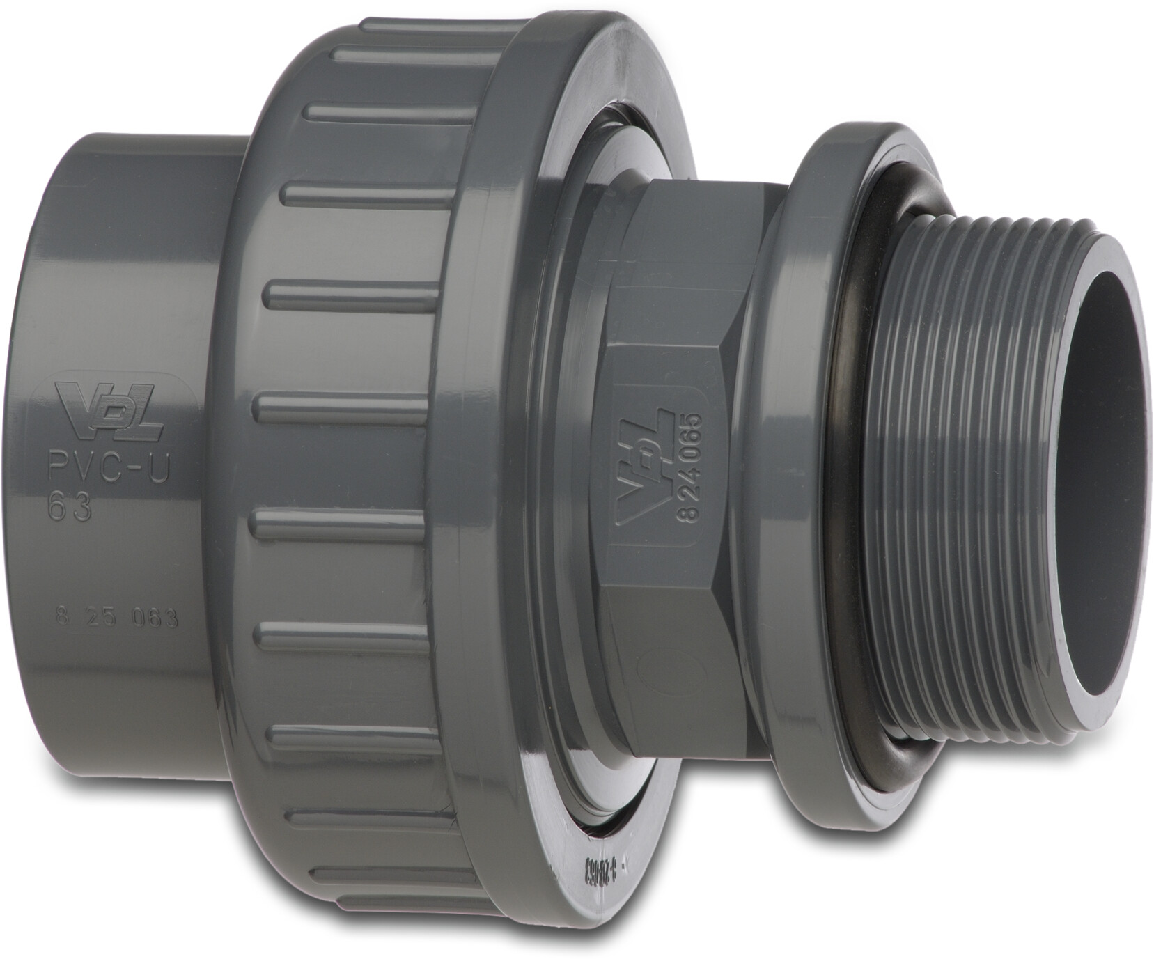 VDL Union tank connector PVC-U 10bar glue socket x male thread grey