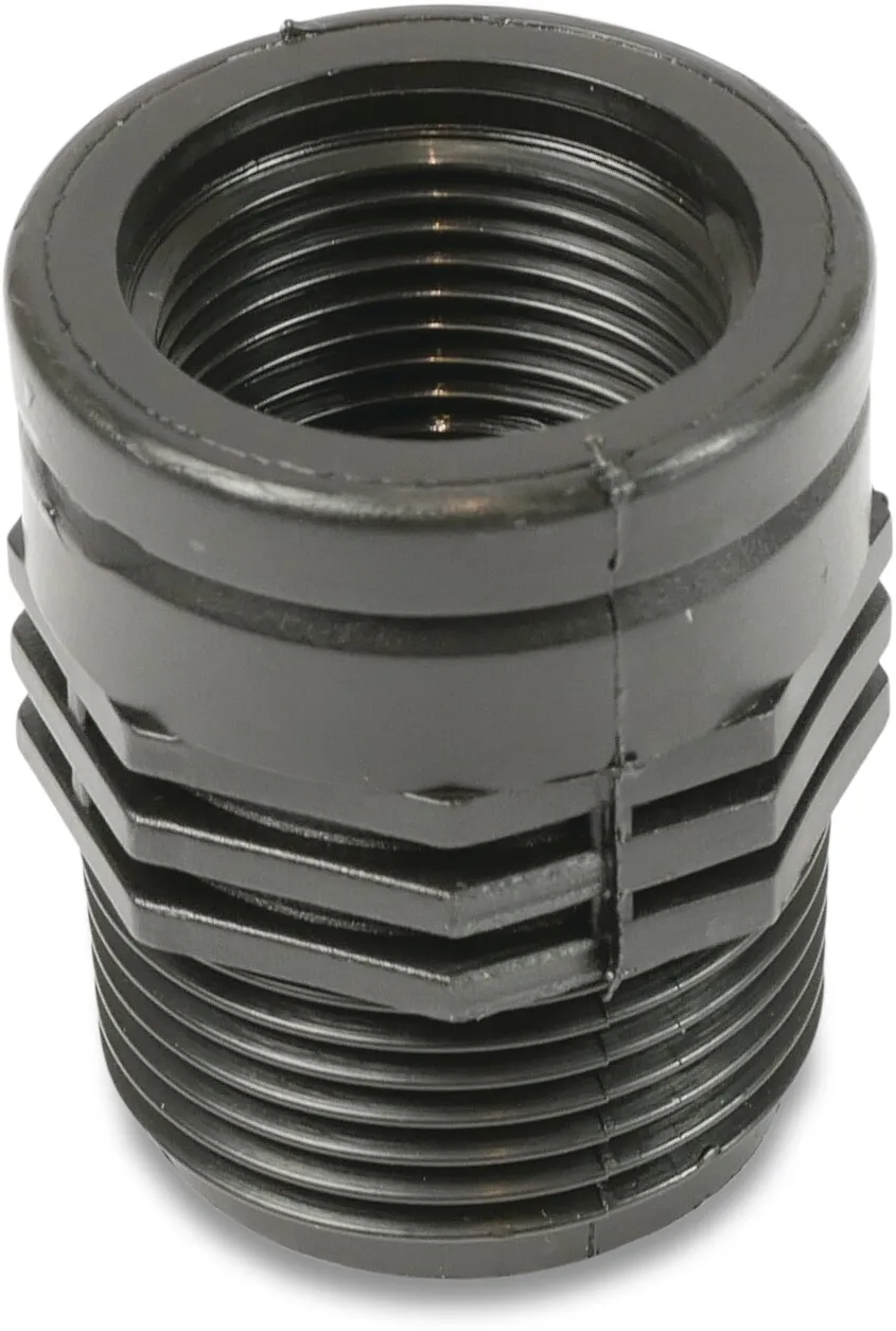 Soknippel PP 3/4" x 1/2" binnendraad x buitendraad 10bar zwart P1