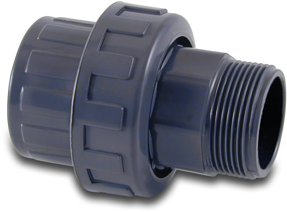 Union coupler PVC-U 25 mm x 3/4" glue socket x male thread 10bar grey