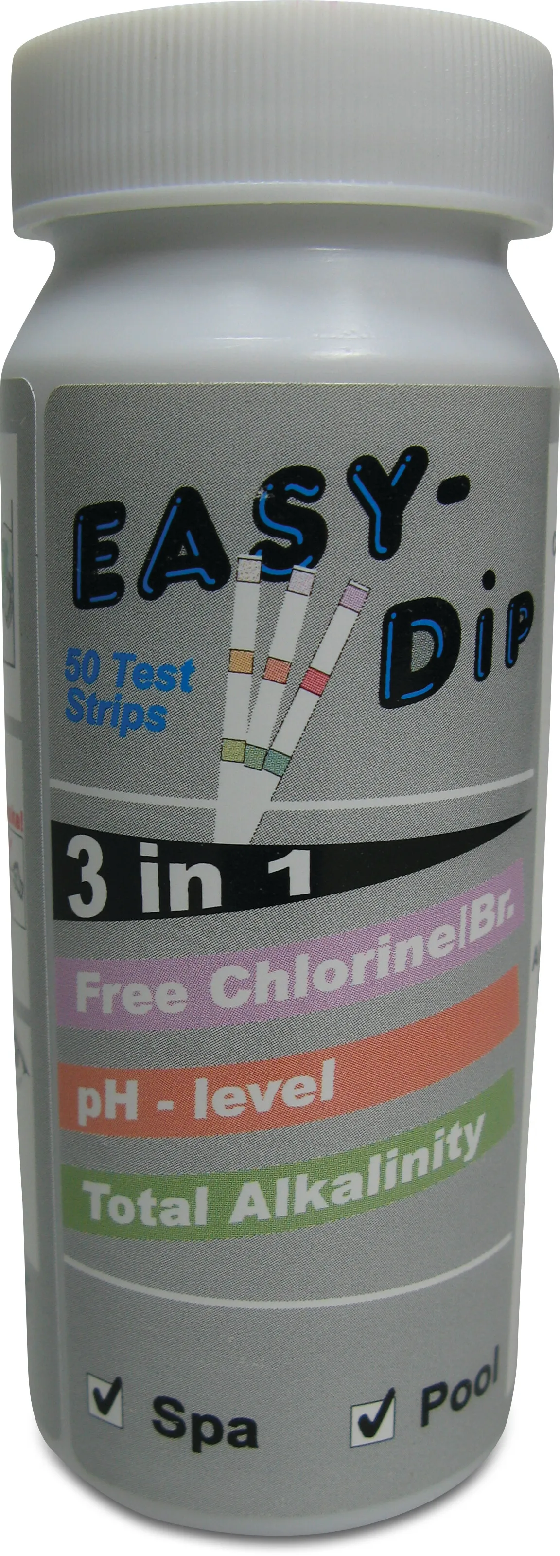 Pool-I.D. 3-i-1 test strips til måling af pH, fri klor, brom og alkalinitetsværdier.