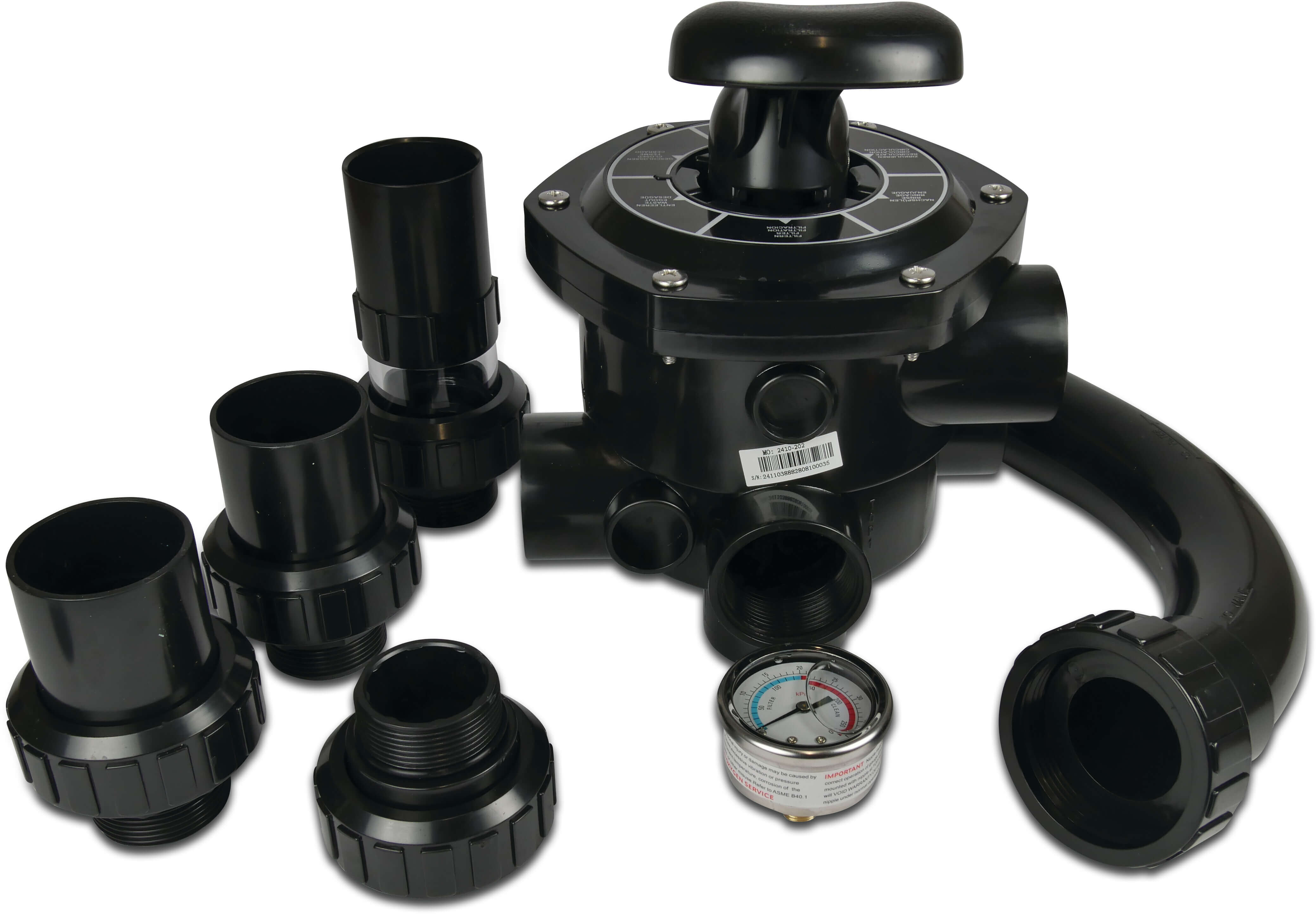 Flotide Multiport ventil 1 1/2" 4bar sort til sidemonteret filter 6-vejs type Flotide 6-vejsventil + rør kit