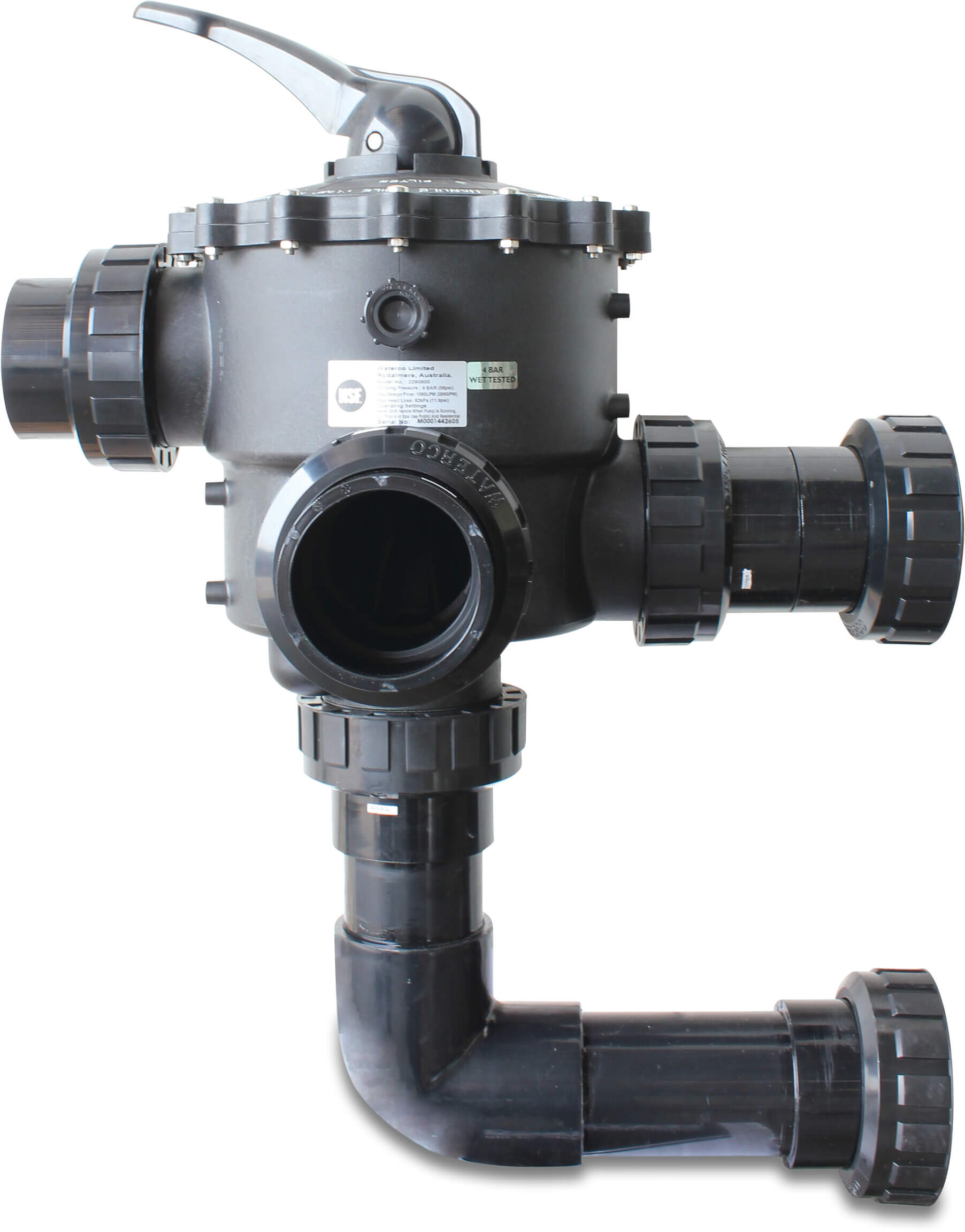 Waterco Commercial Mehrwegeventile 4"/110mm 4bar für seitliche Montage Filter Typ 6-Wegeventil, komplett verrohrt