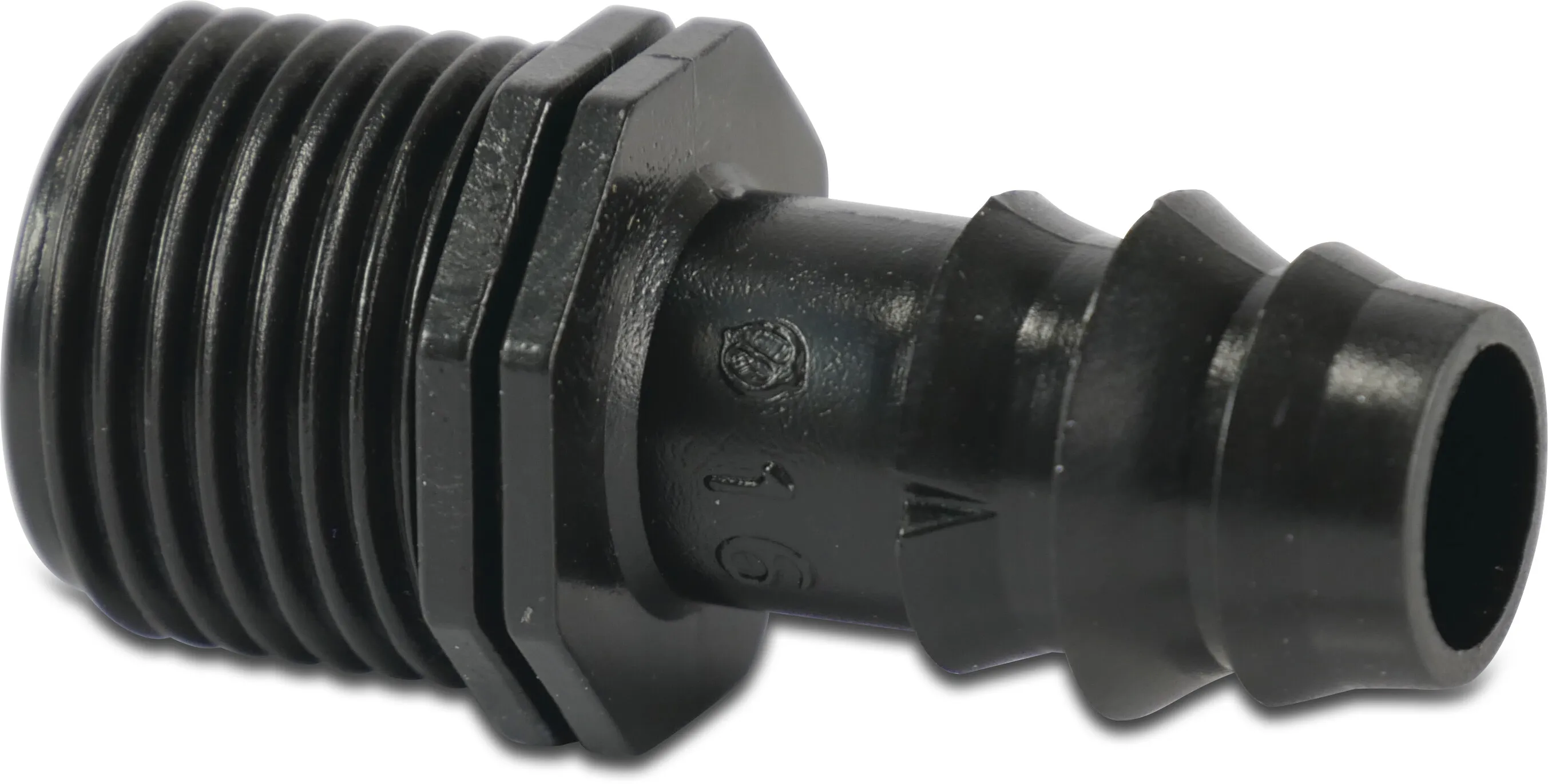 Hose tail POM 1/2" x 16 mm male thread x barbed 4bar black Hose tail POM 1/2" x 16 mm male thread x barbed 4bar black