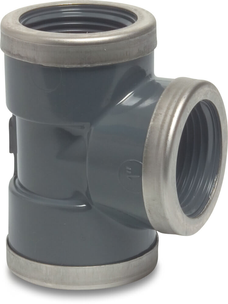Profec T-Stück 90° PVC-U 3/4" Innengewinde 16bar Grau mit Edelstahl Ring Typ verstärkt