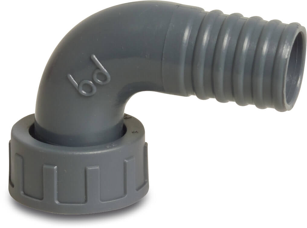 Hose tail 2/3 union adaptor elbow 90° PP 1 1/4" x 32 mm female threaded nut x hose tail 6bar grey