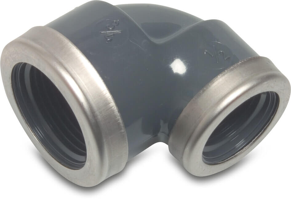 Profec Vinkel 90° PVC-U 3/4" x 1/2" indvendig gevind 10bar grå med rustfri stål ring type forstærket